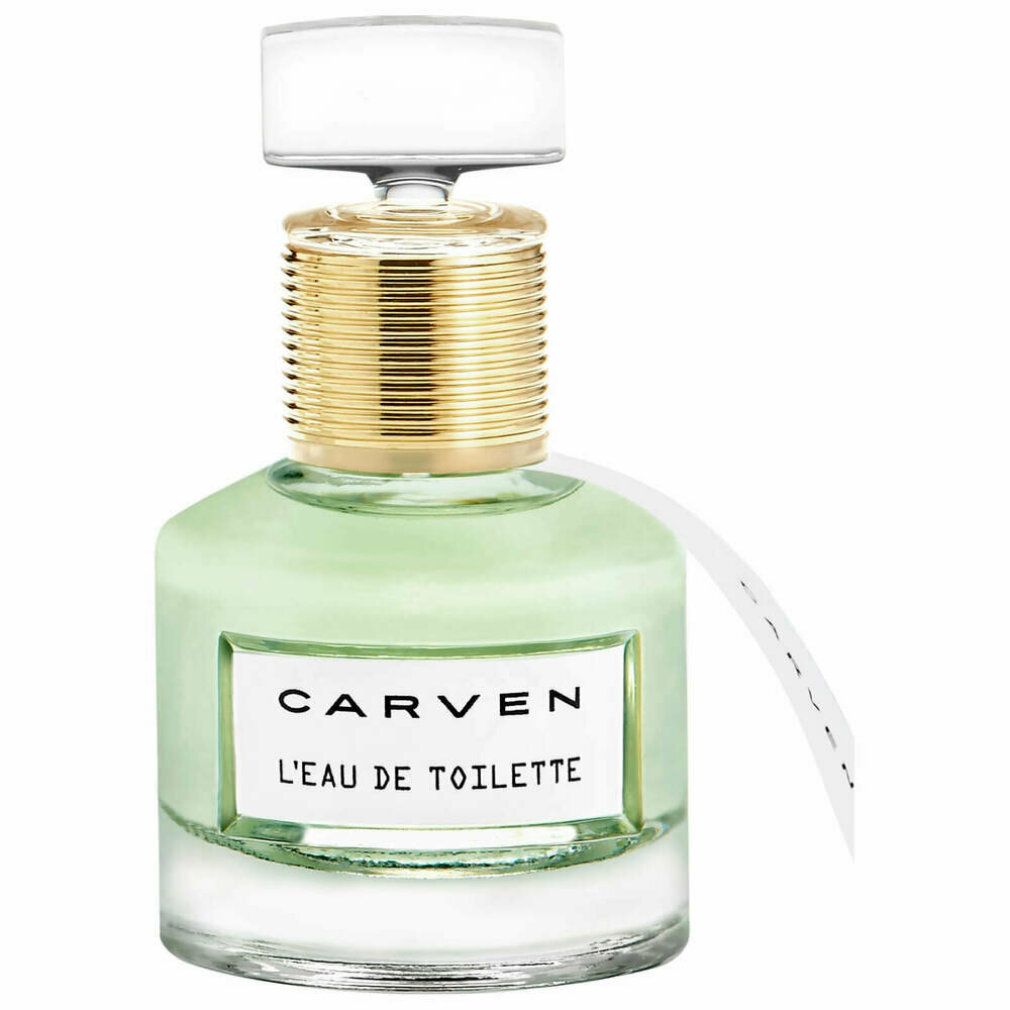 Glasflakon mit goldfarbenem Verschluss und weißem Etikett. Aufschrift: CARVEN L'EAU DE TOILETTE. Transparenter Deckel. Anhänger.