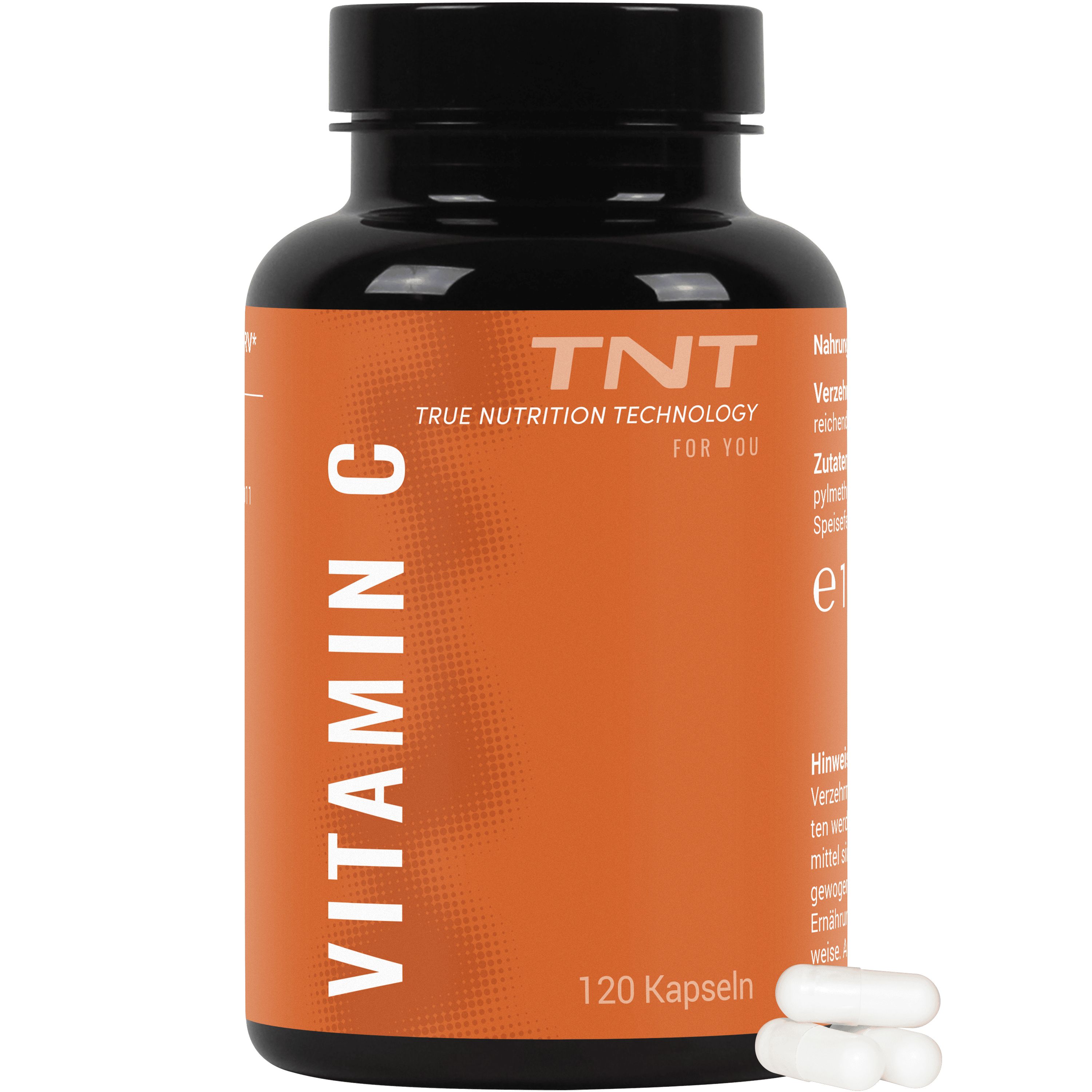 Braune Flasche mit Vitamin C Kapseln. Aufschrift: Vitamin C, 120 Kapseln. Daneben liegen Kapseln.