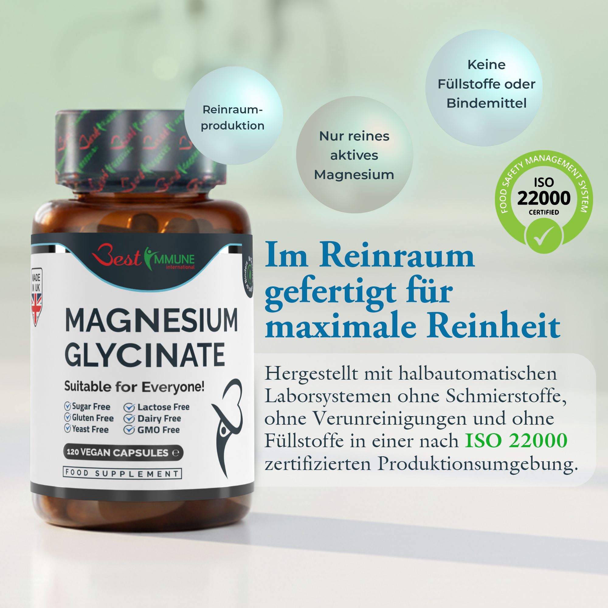 Braune Flasche mit Magnesiumglycinat-Kapseln. Reinraumproduktion, nur reines Magnesium, keine Füllstoffe.