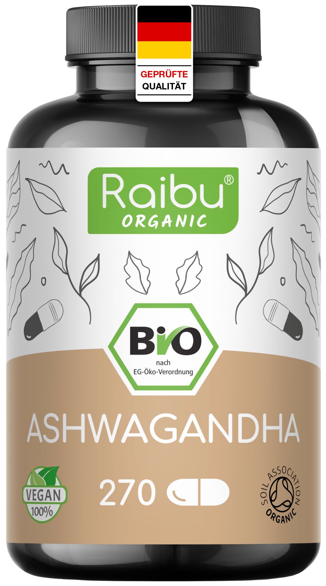 Braune Flasche mit Kapseln. Aufschrift: Ashwagandha, 270 Kapseln, Bio, Vegan. Siegel: Geprüfte Qualität.