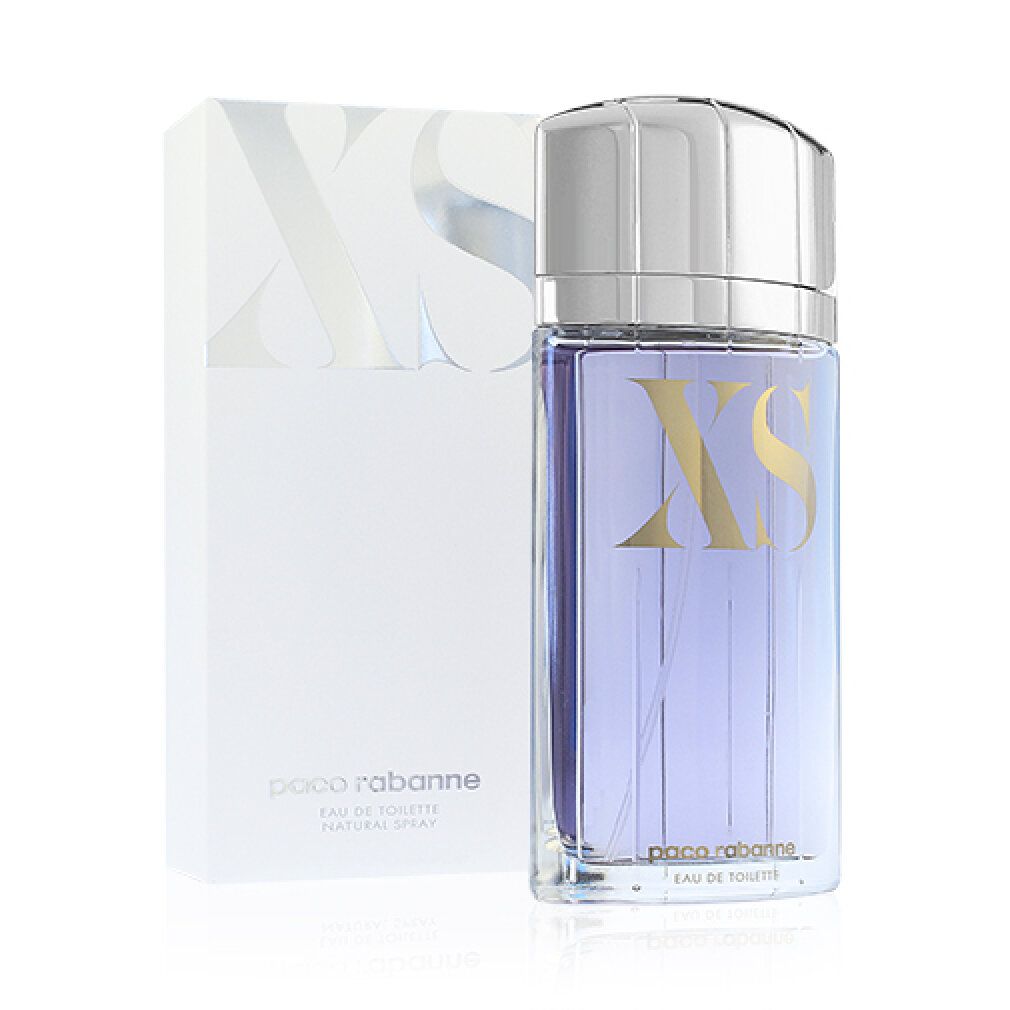 Flakon und Verpackung. Flakon mit lila Flüssigkeit. Aufschrift XS. Verpackung mit XS-Logo.