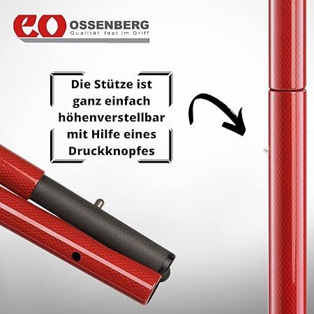 Gehhilfe, rot und schwarz. Rotes Stützrohr. Text: Die Stütze ist ganz einfach höhenverstellbar mit Hilfe eines Druckknopfes.