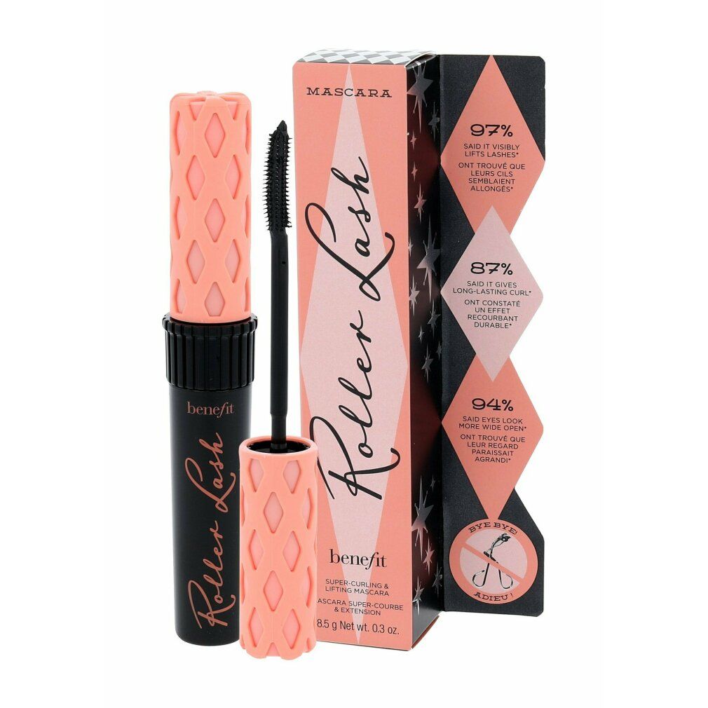 Benefit Roller Lash Mascara im Karton. Flakon mit rosa Applikator und Bürste.