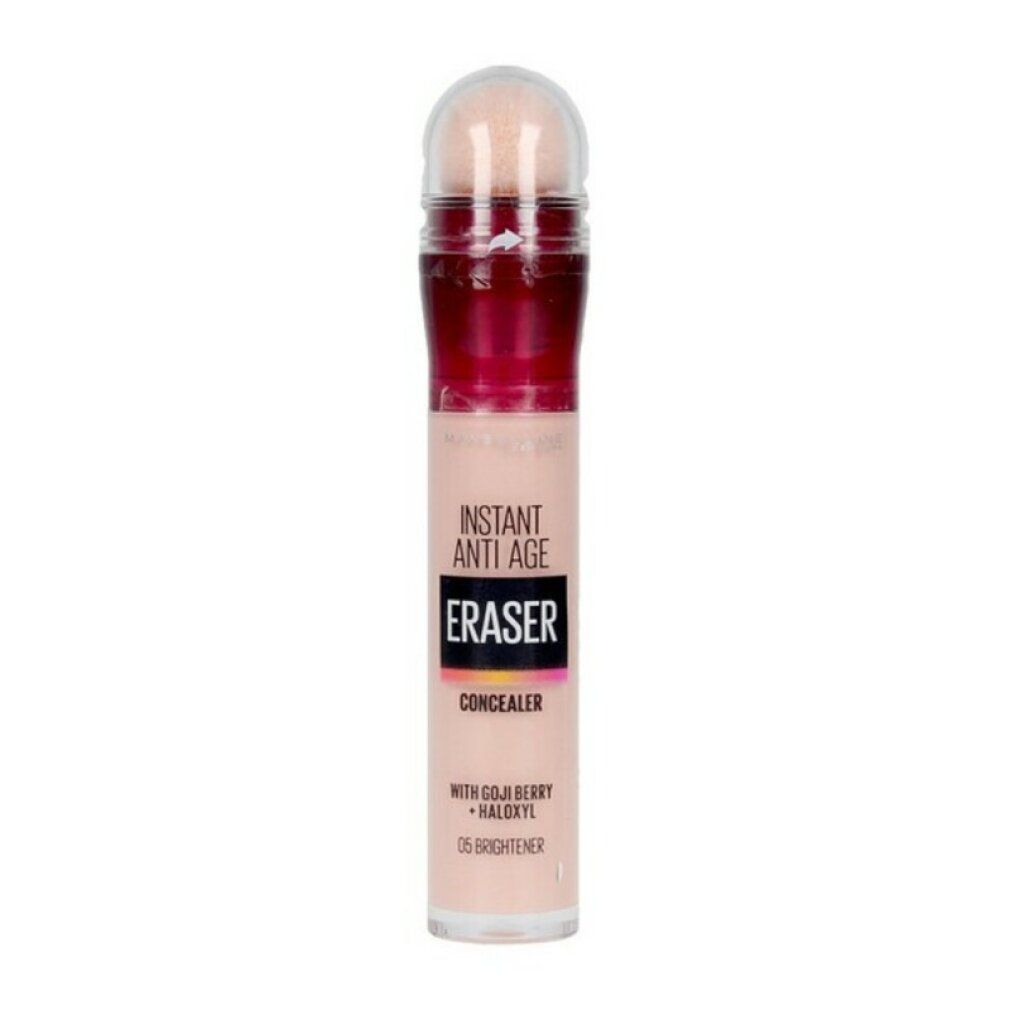 Maybelline New York Eraser Concealer. Beige Tube mit Schwamm-Applikator. Text: Instant Anti-Age, Eraser, Concealer, 05-Eye Brightener.