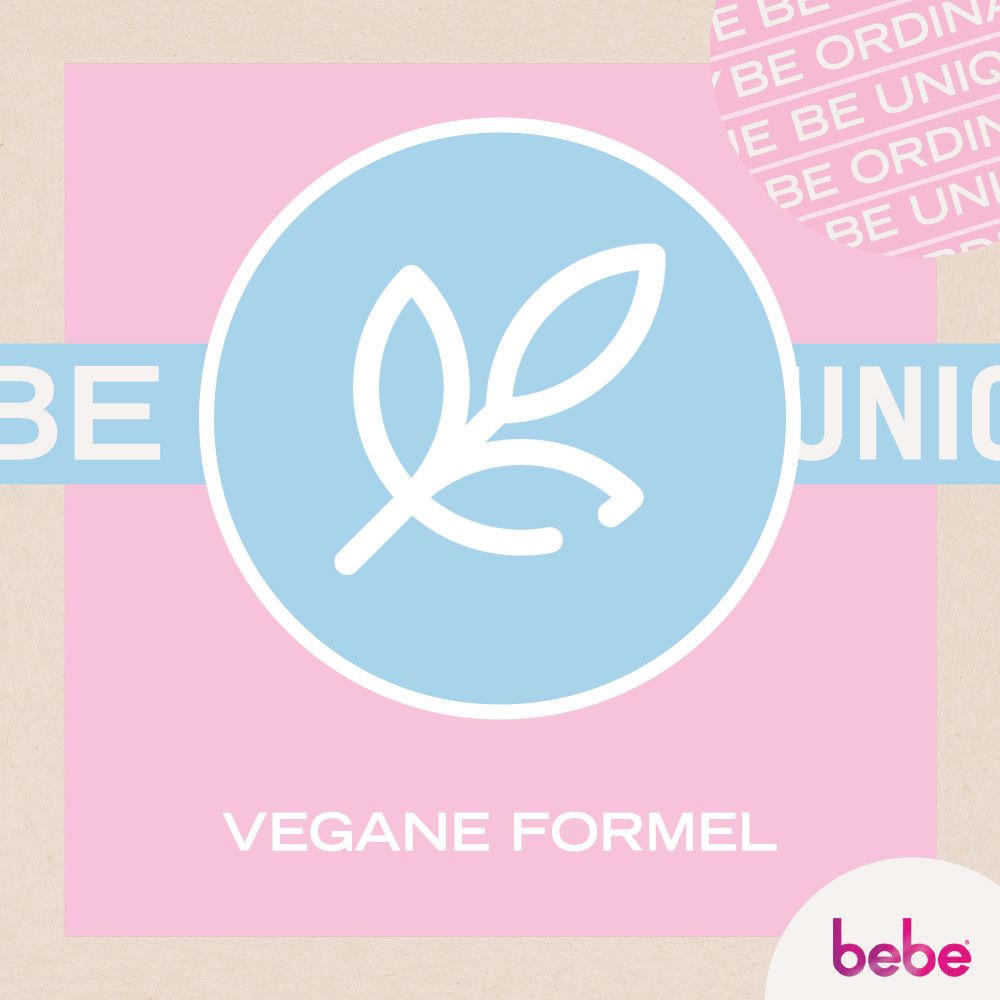 Blaues Icon mit Blatt. Text: Vegane Formel. Bebe Logo.