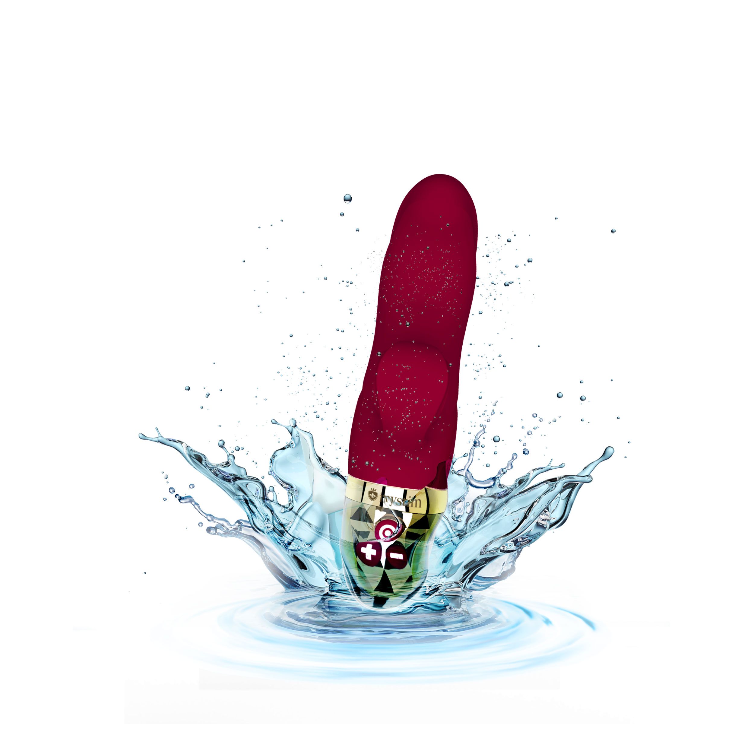 Fuchsiafarbener Vibrator im Wasser. Bedienelemente mit Plus- und Minus-Tasten.