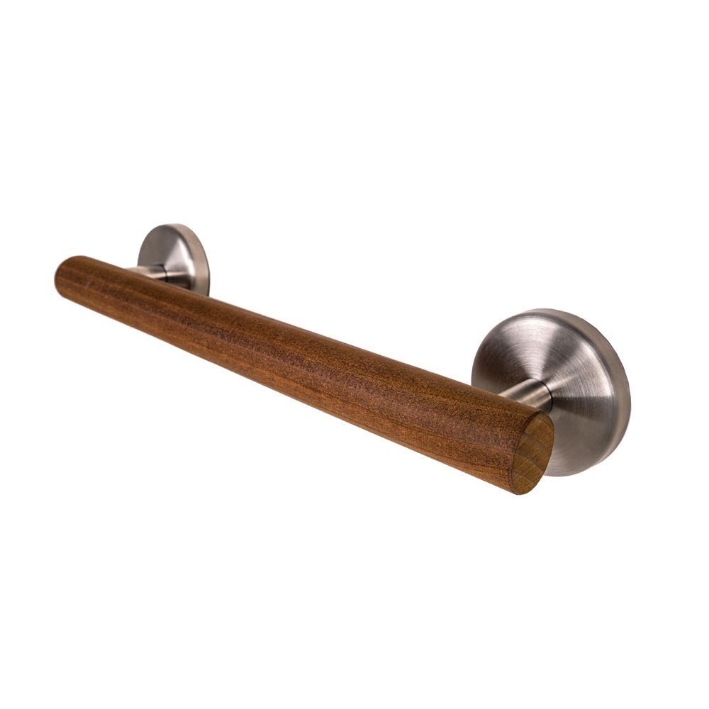 Haltegriff mit Holzgriff und Metallhalterungen. Zylindrische Form, zur Wandmontage.