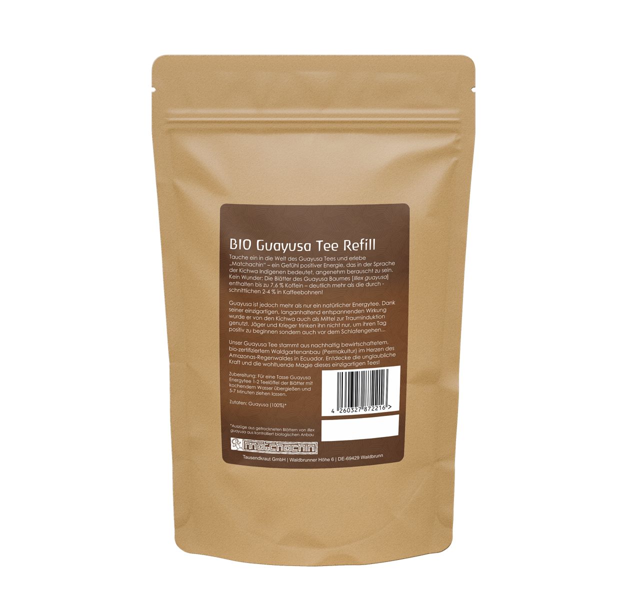 Braune Papiertüte mit BIO Guayusa Tee Refill Aufschrift und Barcode.