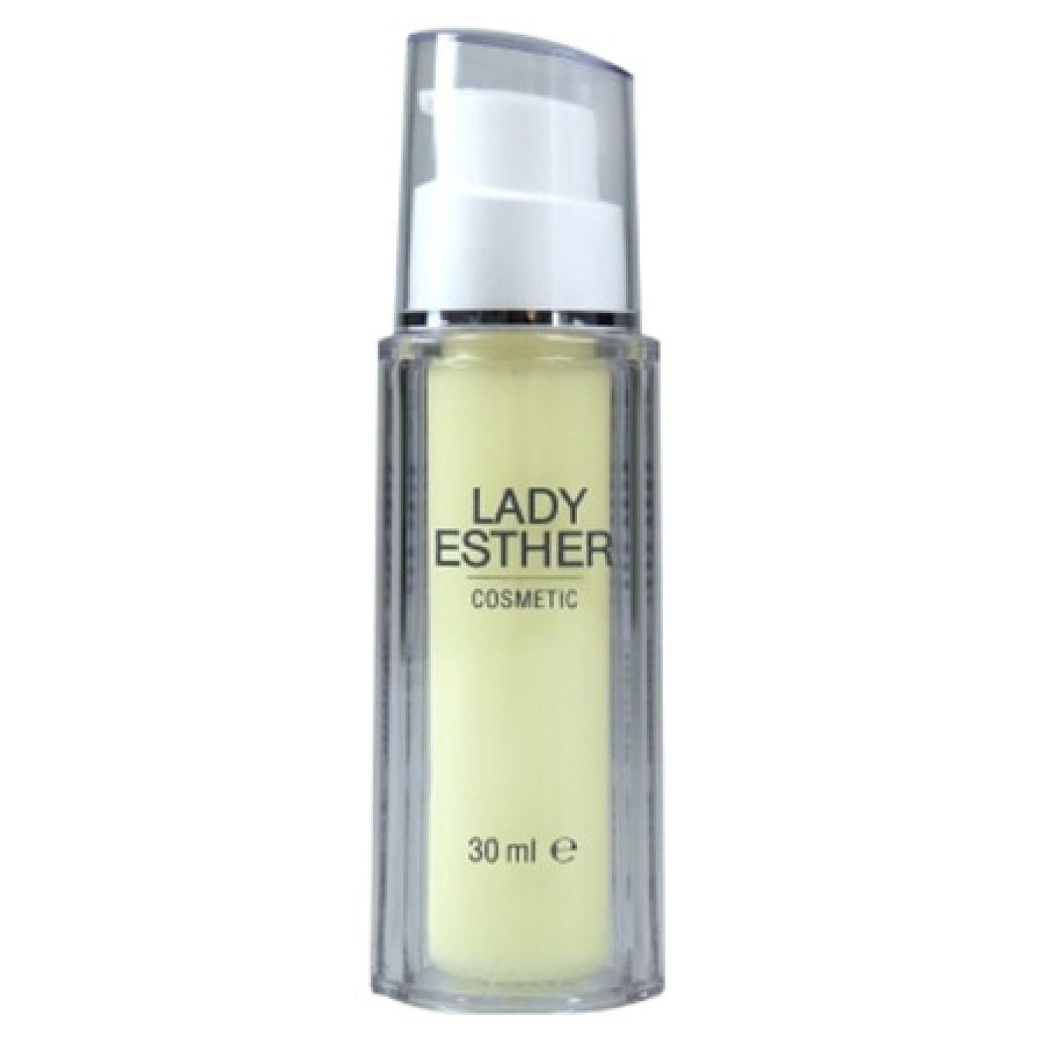 Kosmetische Augenfluid-Flasche. Transparentes Gehäuse mit weißem Pumpkopf. Aufschrift: Lady Esther Cosmetic, 30 ml.
