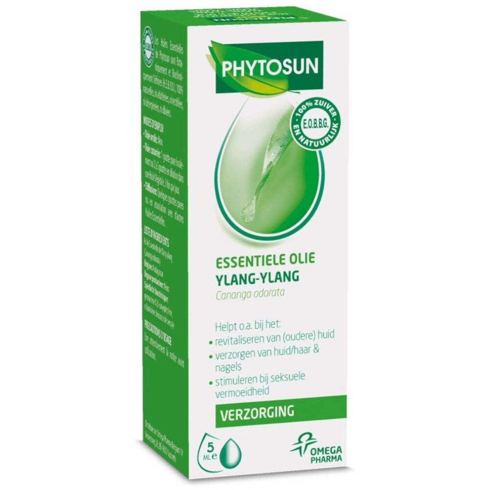 Boîte verte Phytosun Ylang-Ylang. Texte: Essentiële Olie, 5 ml, Omega Pharma. Label: 100% zuiver & natuurlijk.