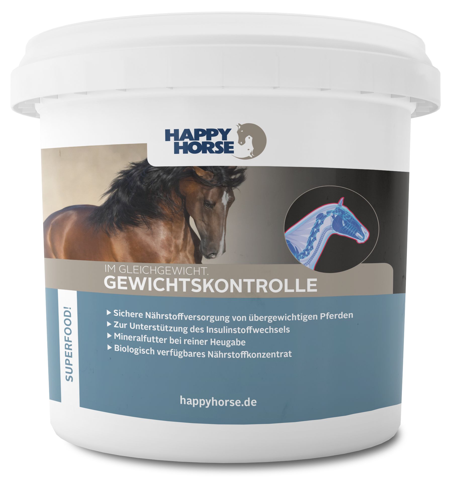 Weißer Eimer mit Produktetikett. Aufschrift: Happy Horse Gewichtskontrolle. Abbildung eines Pferdes. Blaue Grafik eines Pferdeskeletts.