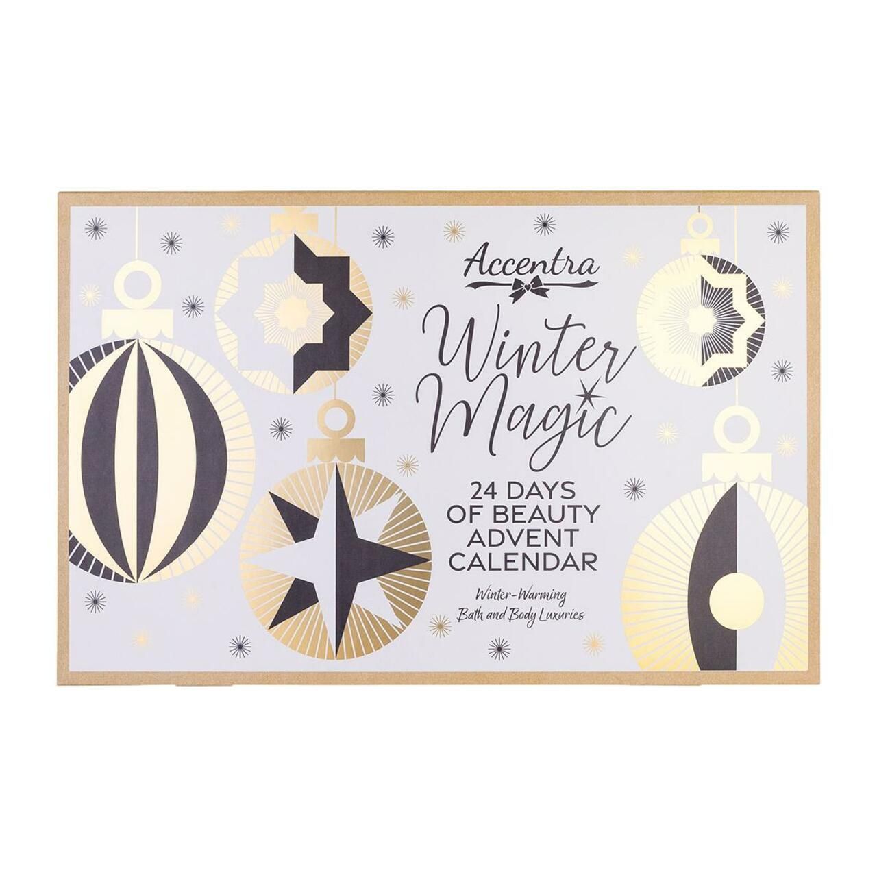 Adventskalender mit goldfarbenen Kugeln und Schriftzug. Enthält den Schriftzug "Accentra Winter Magic" und "24 Days of Beauty".