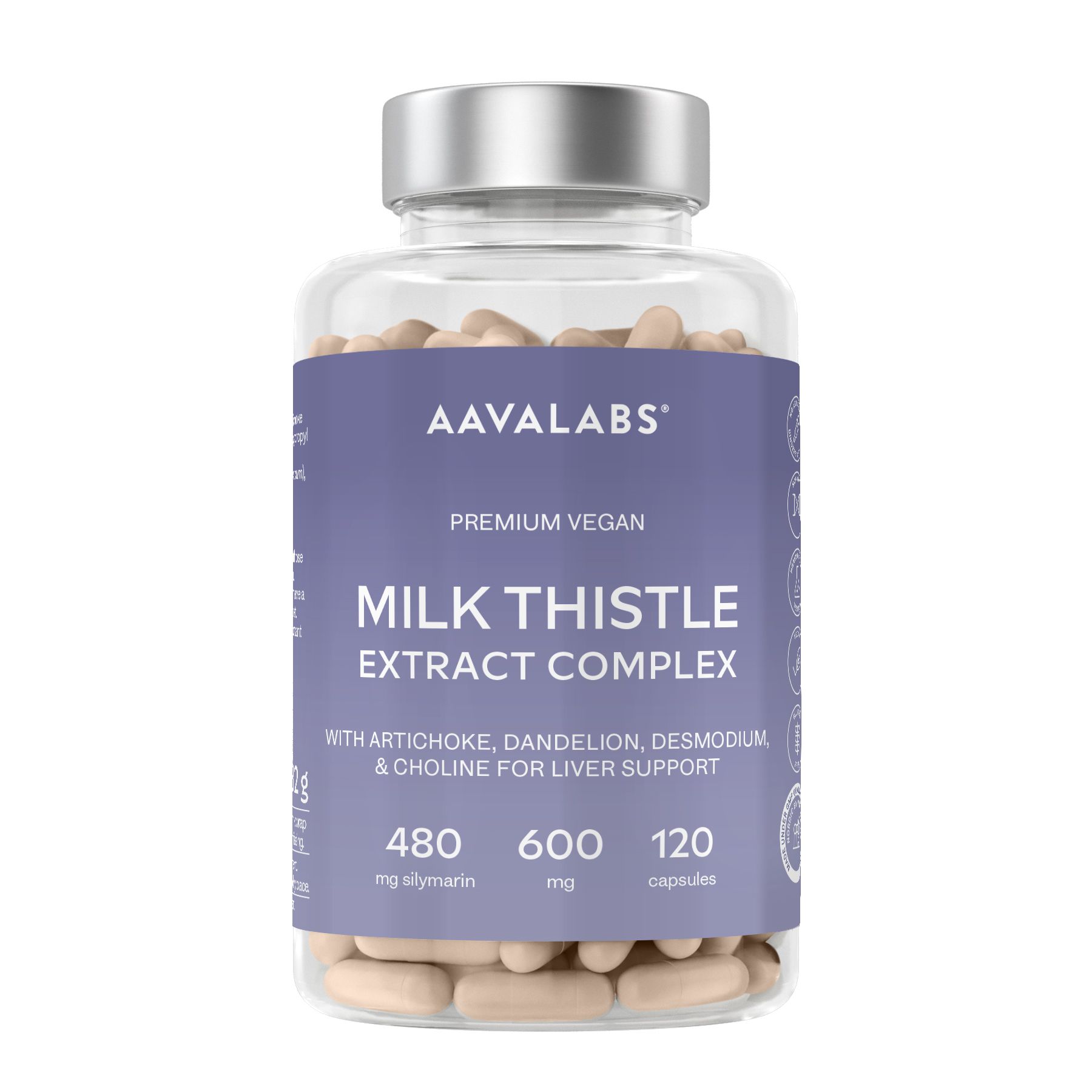 Kapsel-Dose mit Produktetikett. AAVALABS Mariendistel mit Artischocke, Löwenzahn & Cholin. 120 Kapseln.