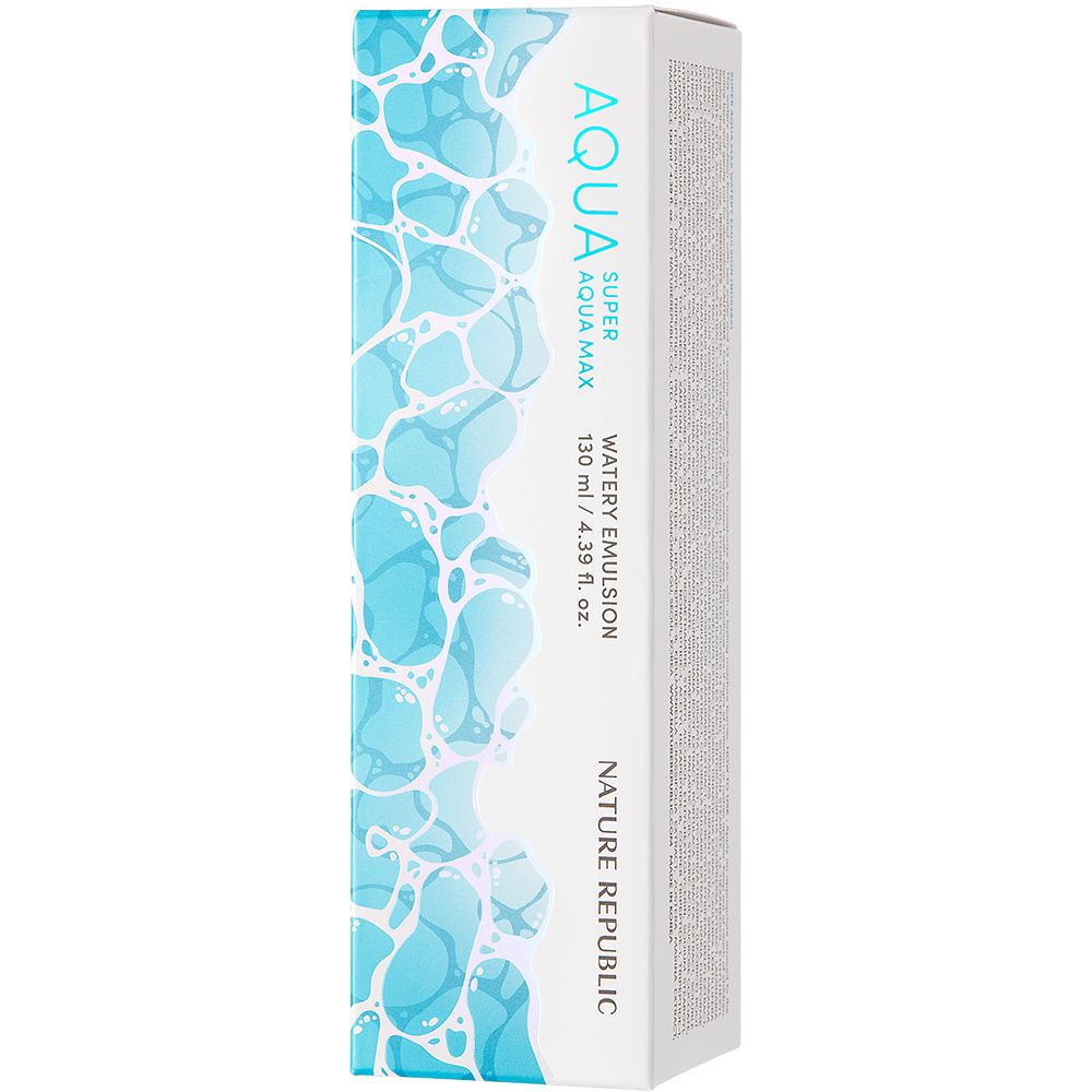 Weiße Verpackung mit AQUA Super Aqua Max Watery Emulsion. Text: 130 ml / 4.39 fl. oz. NATURE REPUBLIC.