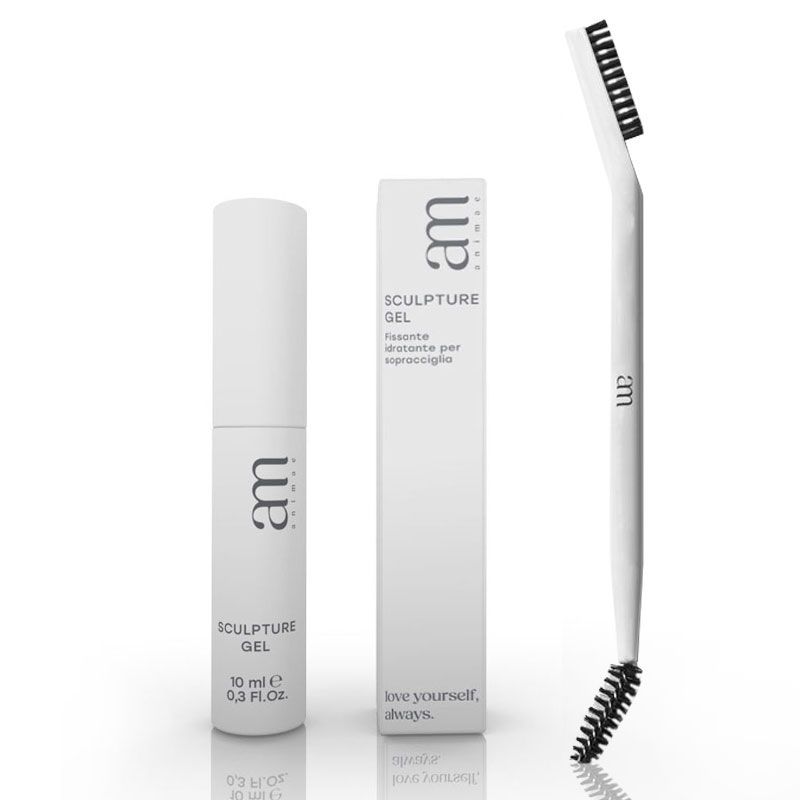 Kit sopracciglia AM Animae bianco. Include gel, spazzola e confezione. Tubo di gel da 10 ml. Spazzola con setole. Confezione con testo.