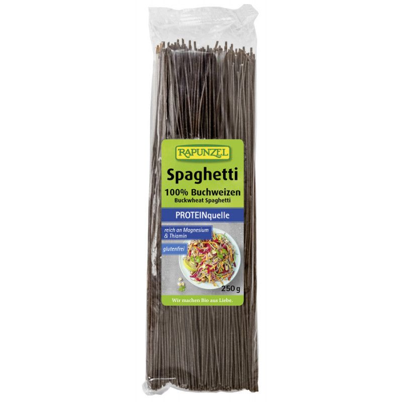 Verpackung mit Spaghetti aus Buchweizen. Aufdruck: Rapunzel, Spaghetti, 100% Buchweizen, glutenfrei, Proteinquelle, 250g.