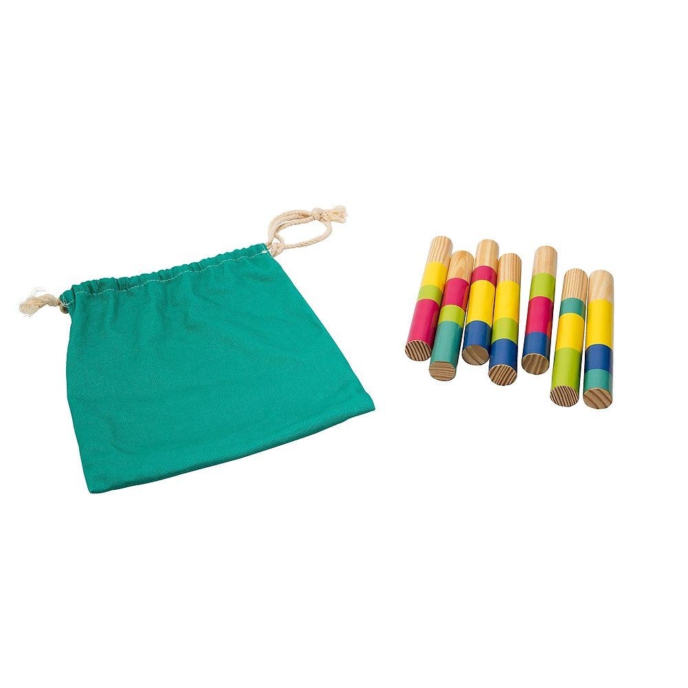Grüner Beutel mit Kordelzug und acht farbigen Holzstäben.