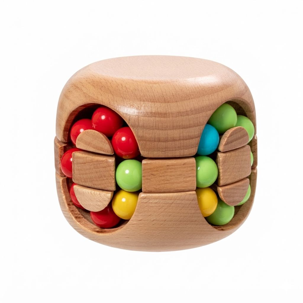 Holz-Kugelspielzeug mit bunten Kugeln in Rot, Grün, Gelb und Blau, in einem Holzwürfel. Maße: 8x9 cm.