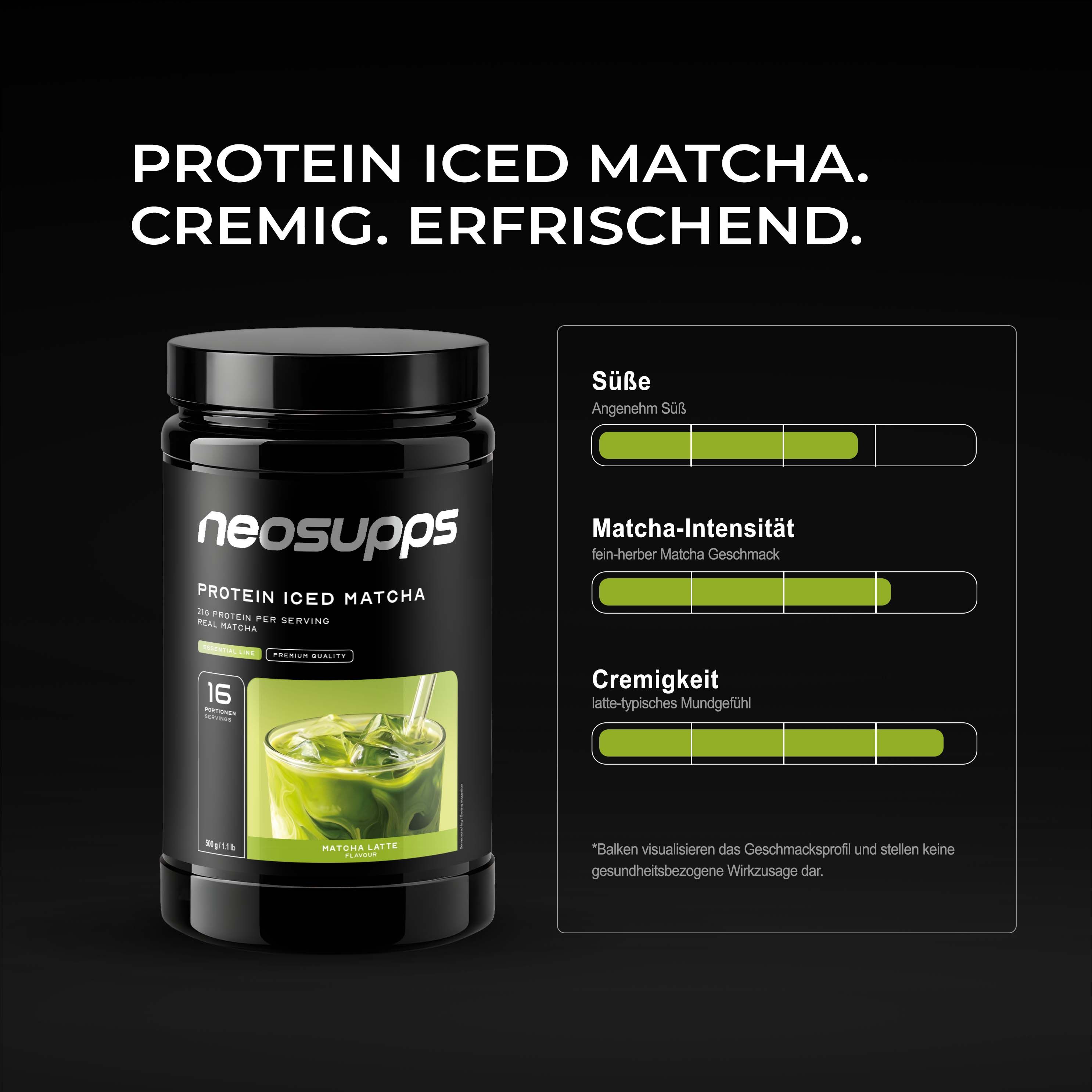 Neosupps Protein Iced Matcha Dose mit Geschmacks- und Textur-Balkendiagrammen.