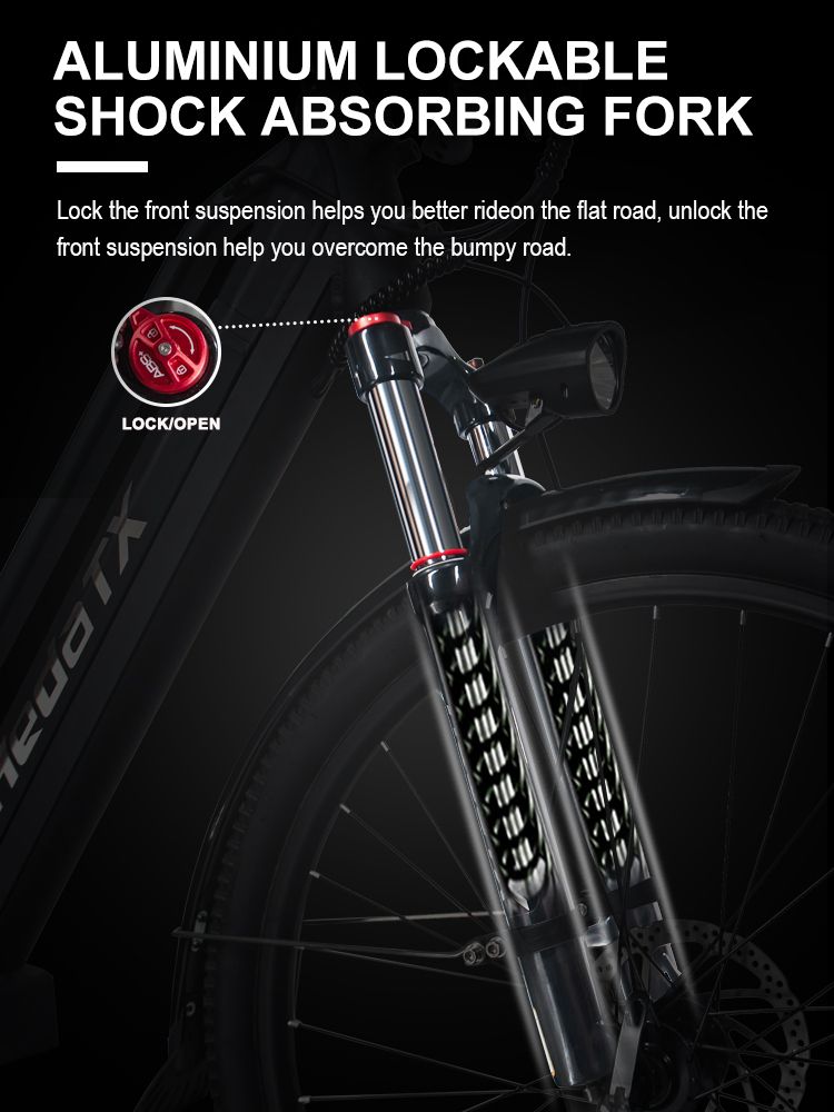 Nahaufnahme der Aluminium-Gabel eines E-Bikes. 'ALUMINIUM LOCKABLE SHOCK ABSORBING FORK' beschriftet.
