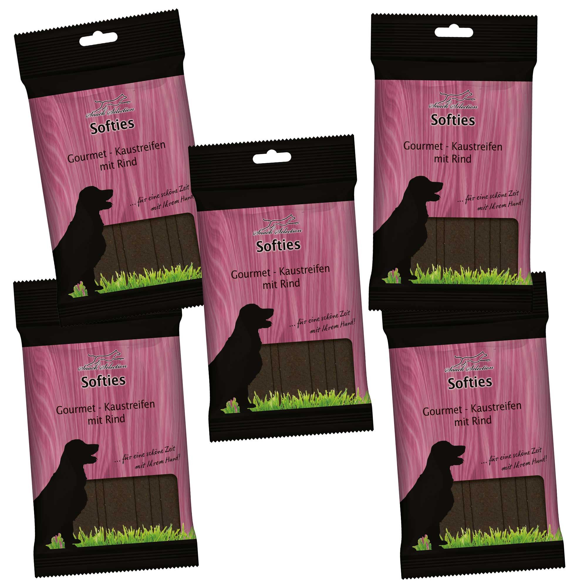 Mehrere Packungen Softies Gourmet-Kaustreifen mit Rind. Schwarze Verpackung mit Produktabbildung und Text.
