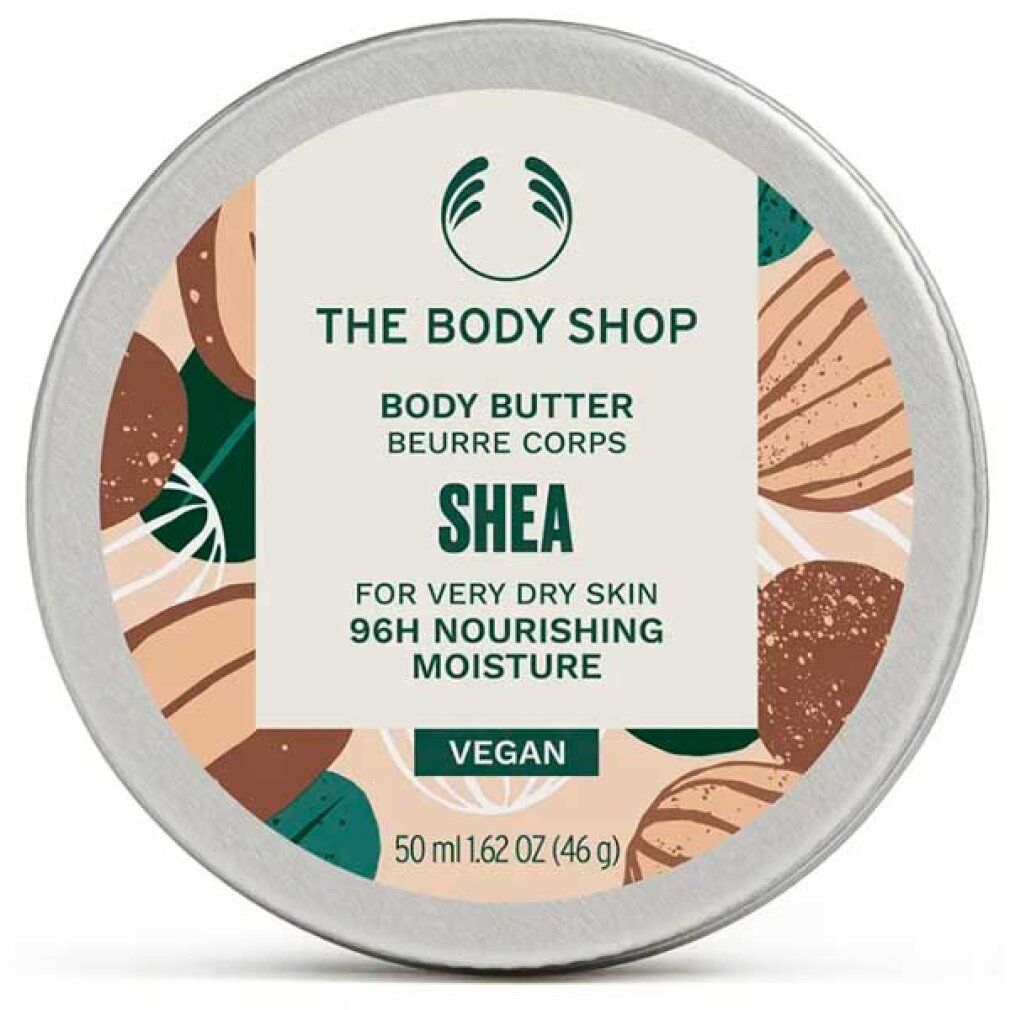 Runde Dose mit Aufschrift "The Body Shop Body Butter Shea". Text: "For very dry skin 96H nourishing moisture". Vegan.