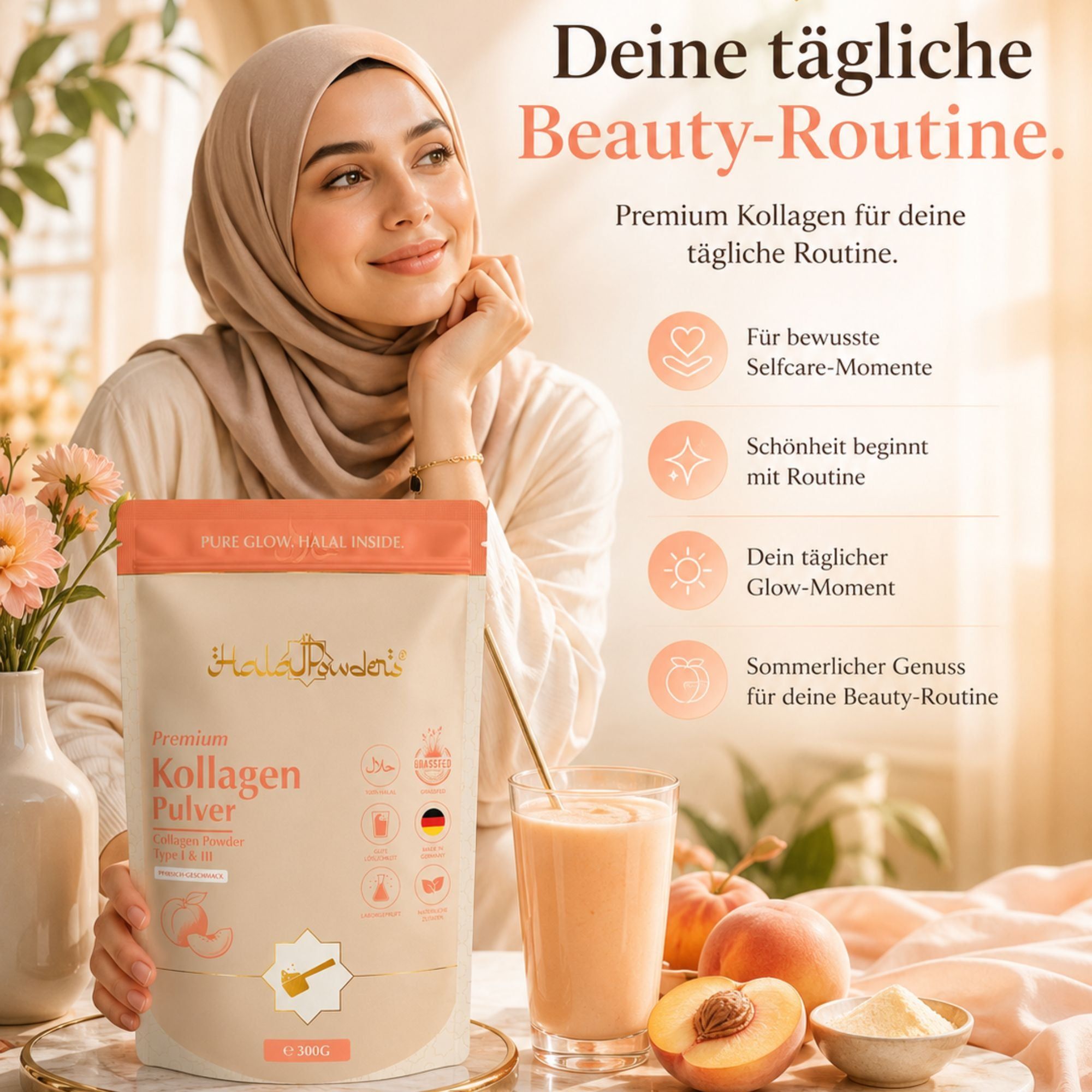 Frau mit Hijab lächelt, neben einer Packung Kollagen Pulver Pfirsich und einem Glas Getränk.