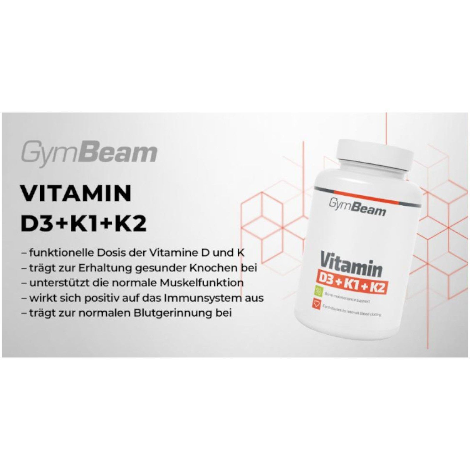 GymBeam Vitamin D3+K1+K2 Kapseln. Weiße Flasche mit roter und grüner Beschriftung. Text: Vitamin D3+K1+K2. GymBeam Logo. Produktinformationen.