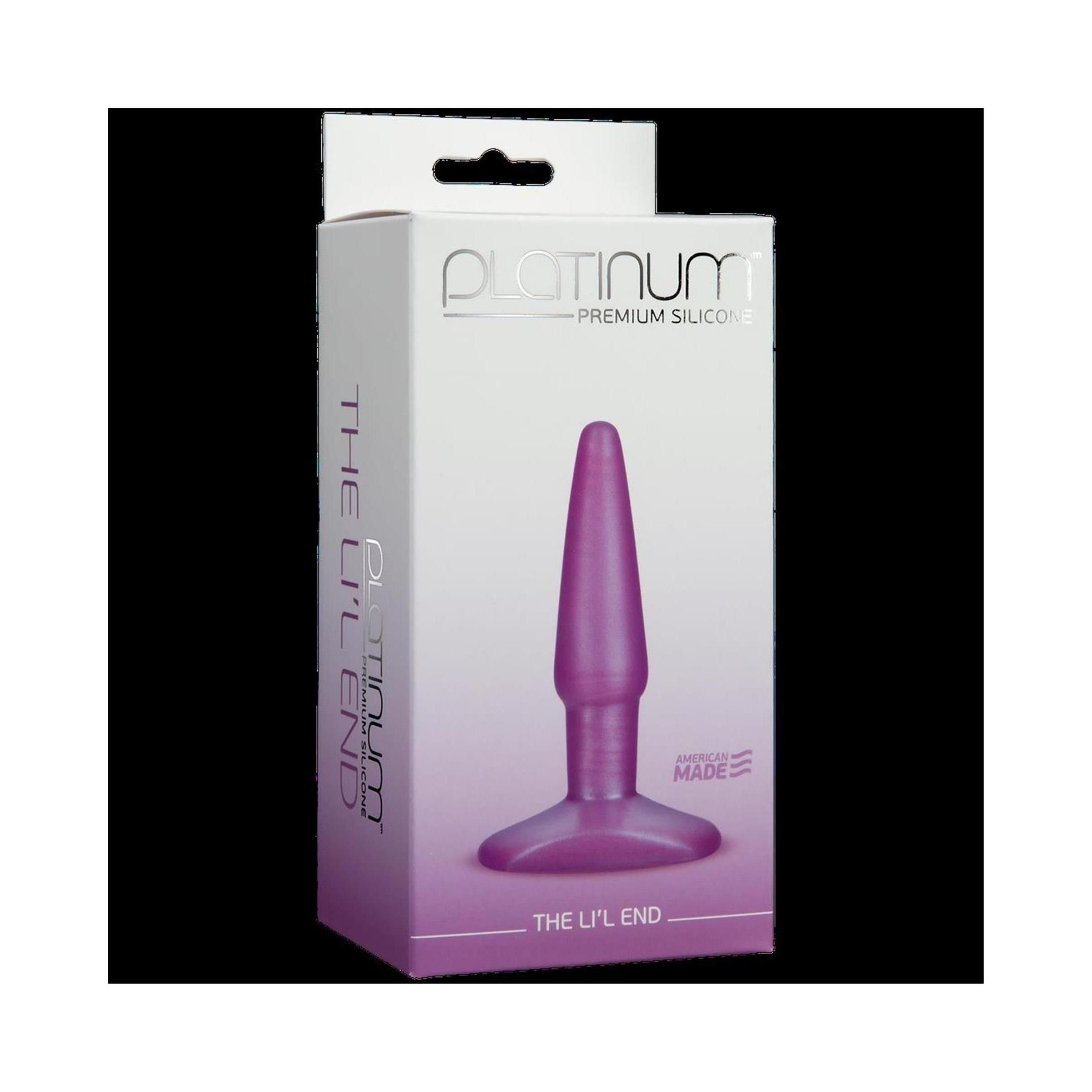 Lila Butt Plug in Verpackung. Aufschrift: Platinum Premium Silicone. Produktname: The Li'L End.