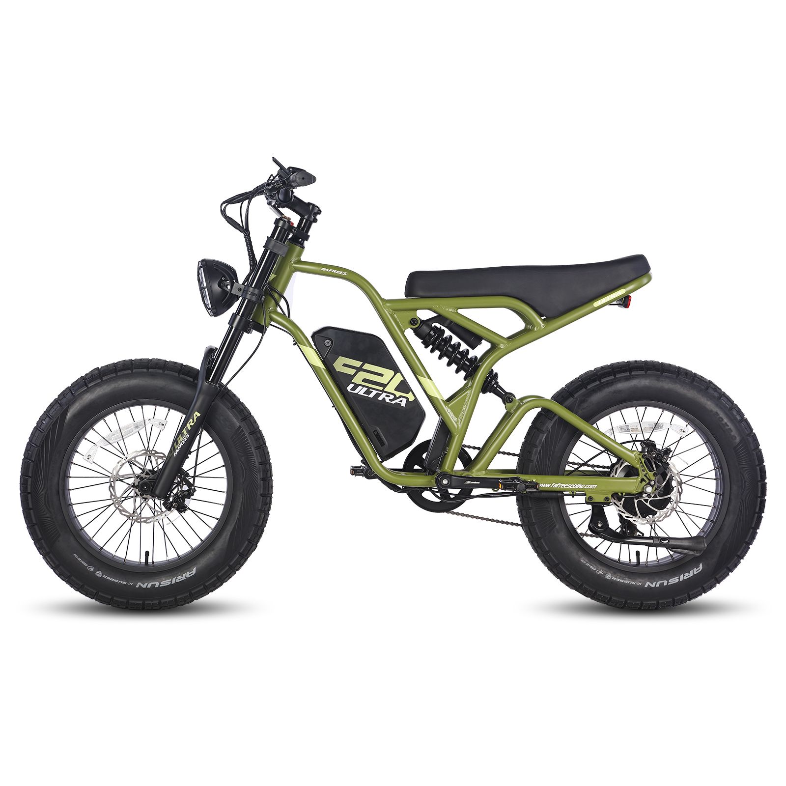 Grünes Elektro-Dirtbike mit schwarzen Reifen und Sattel. Auf dem Rahmen steht "F20 ULTRA".