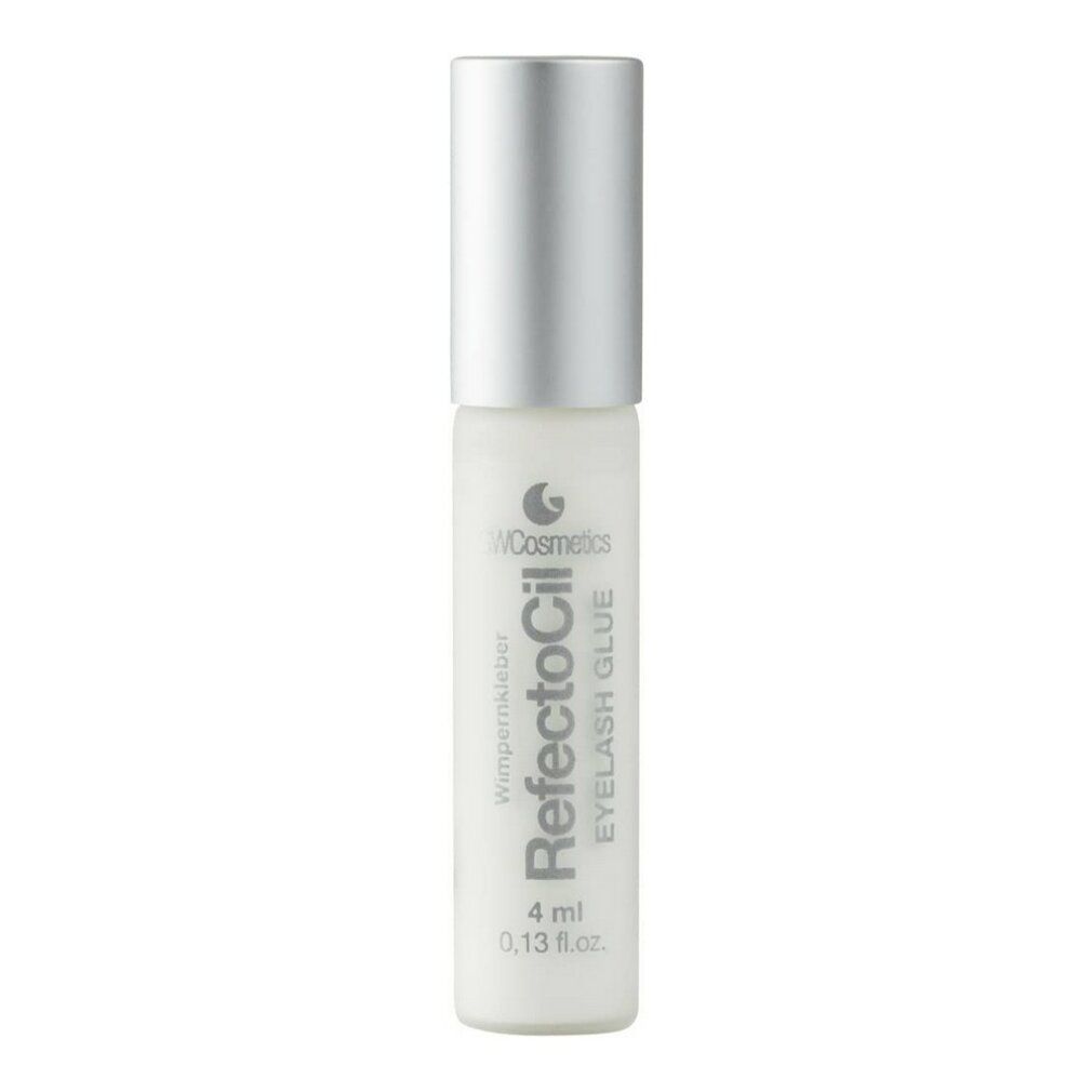 Flasche mit silbernem Deckel. Aufschrift: RefectoCil Eyelash Glue. Volumenangabe: 4 ml.