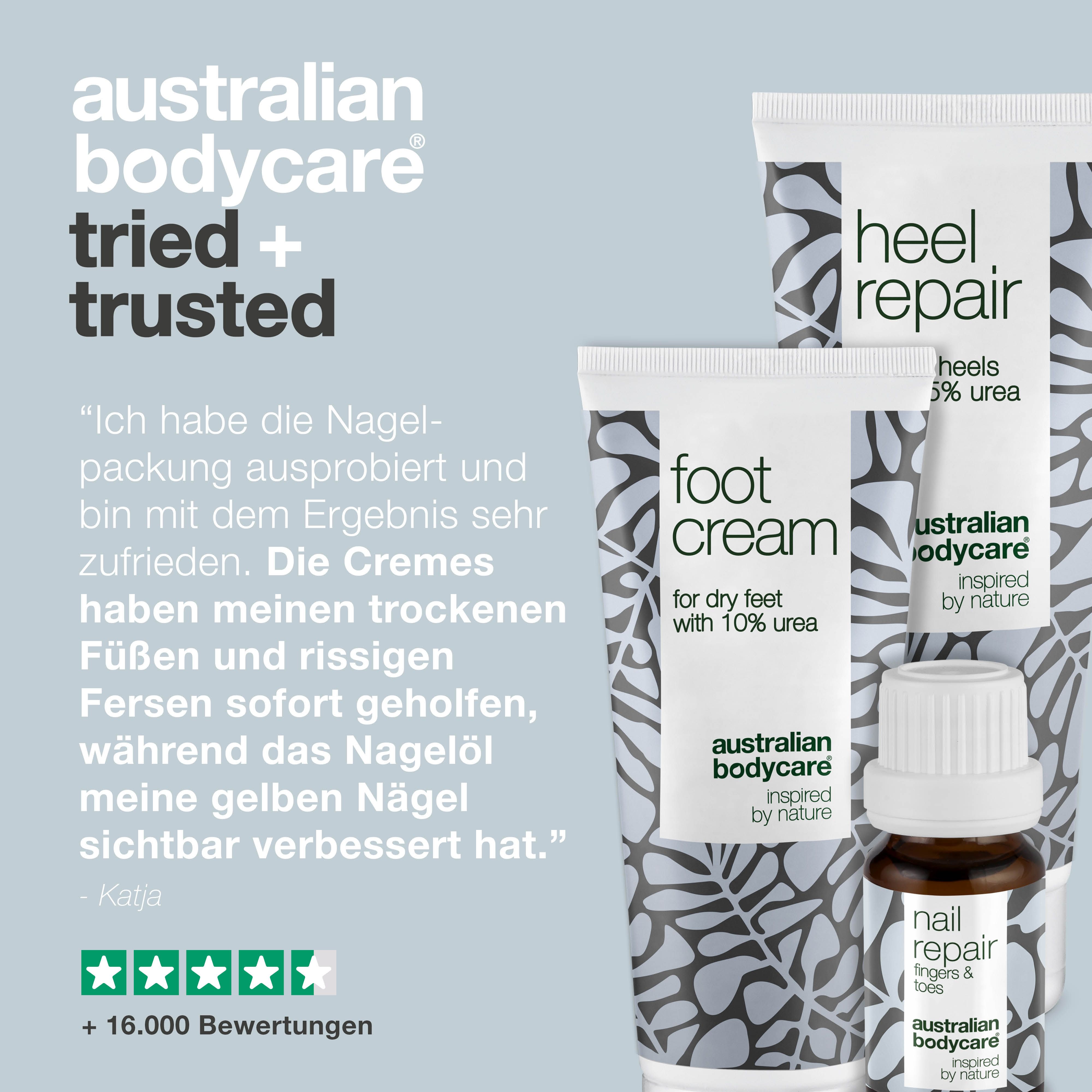 Drei Produkte: Heel Repair, Foot Cream, Nail Repair. Aufschrift: Australian Bodycare. Text: Tried + Trusted.