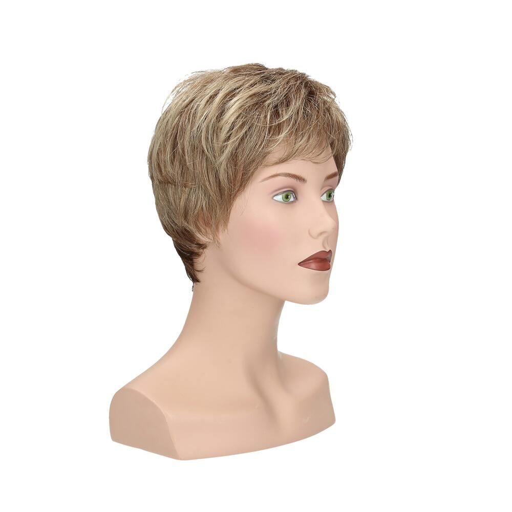 Perücke Marrakesch, blond-braun, auf einem Schaufensterkopf. Schräge Seitenansicht.