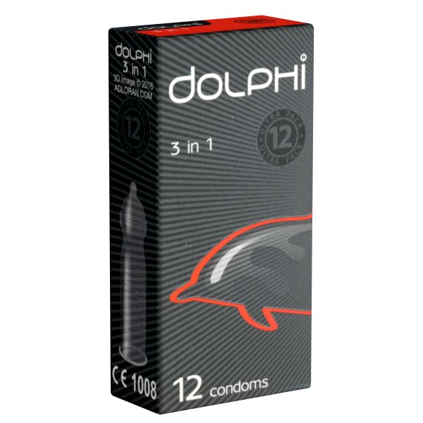 Schwarze Verpackung mit "Dolphi 3 in 1" und 12 Kondomen. Roter Akzent, CE-Kennzeichnung.