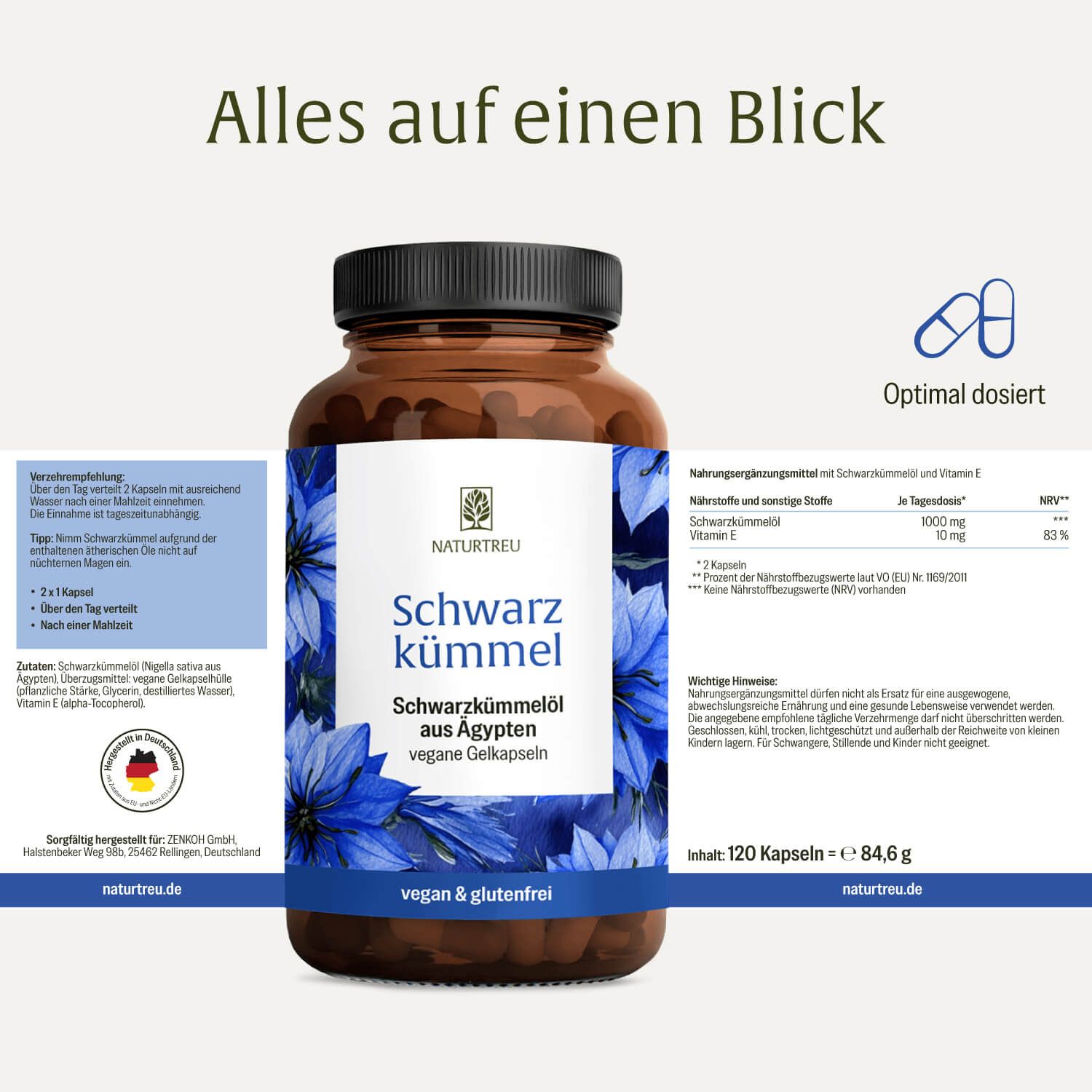 Flasche mit Schwarzkümmelöl Kapseln, mit detaillierten Informationen zur Dosierung und Inhaltsstoffen.