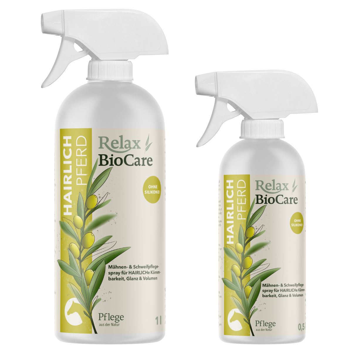 Zwei Sprühflaschen Relax Biocare Hairlich. Aufschrift: Mähnen- & Schweifpflegespray für Ihr Pferd. Olivenzweig-Illustration.