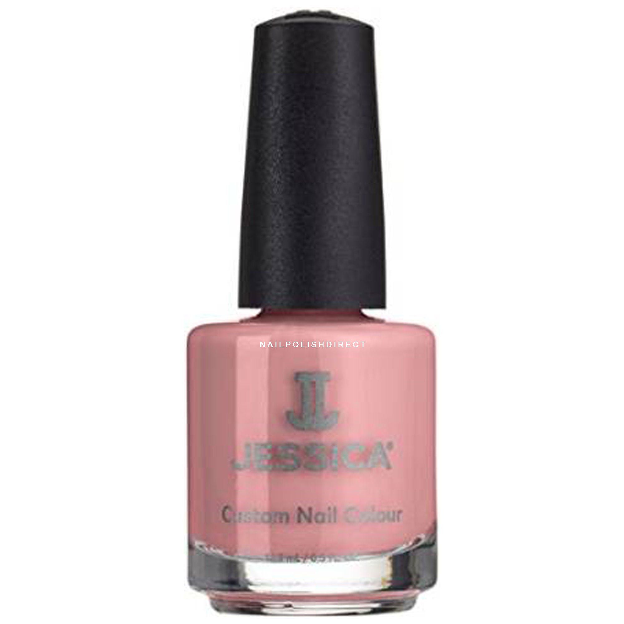 Nagellackflasche mit rosa Inhalt und schwarzem Deckel. Aufschrift: JESSICA Custom Nail Colour.