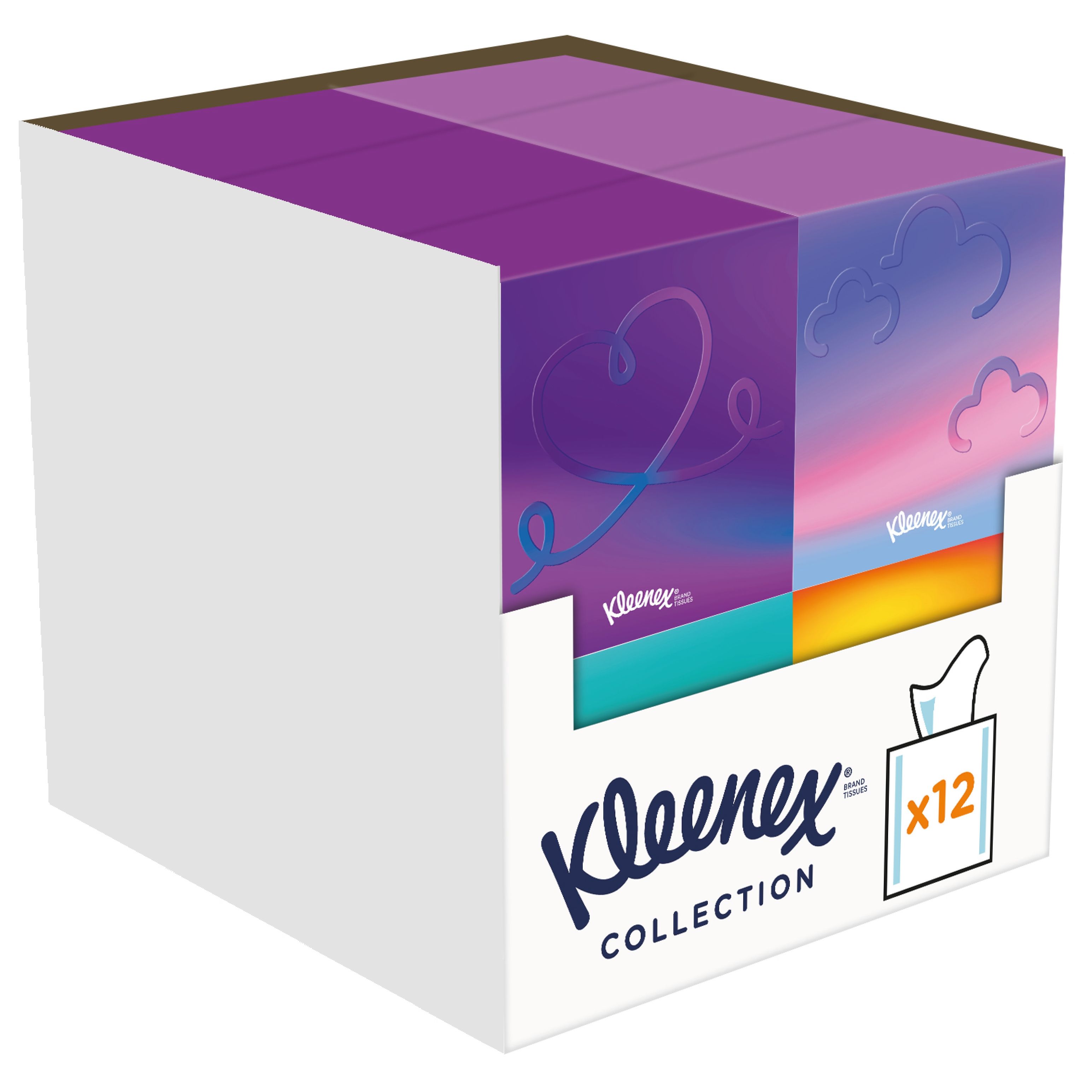 Kleenex Collection Boxen. 12 Boxen in einem Display. Mehrfarbige Boxen mit Wolken- und Herzmotiven. Kleenex-Logo.