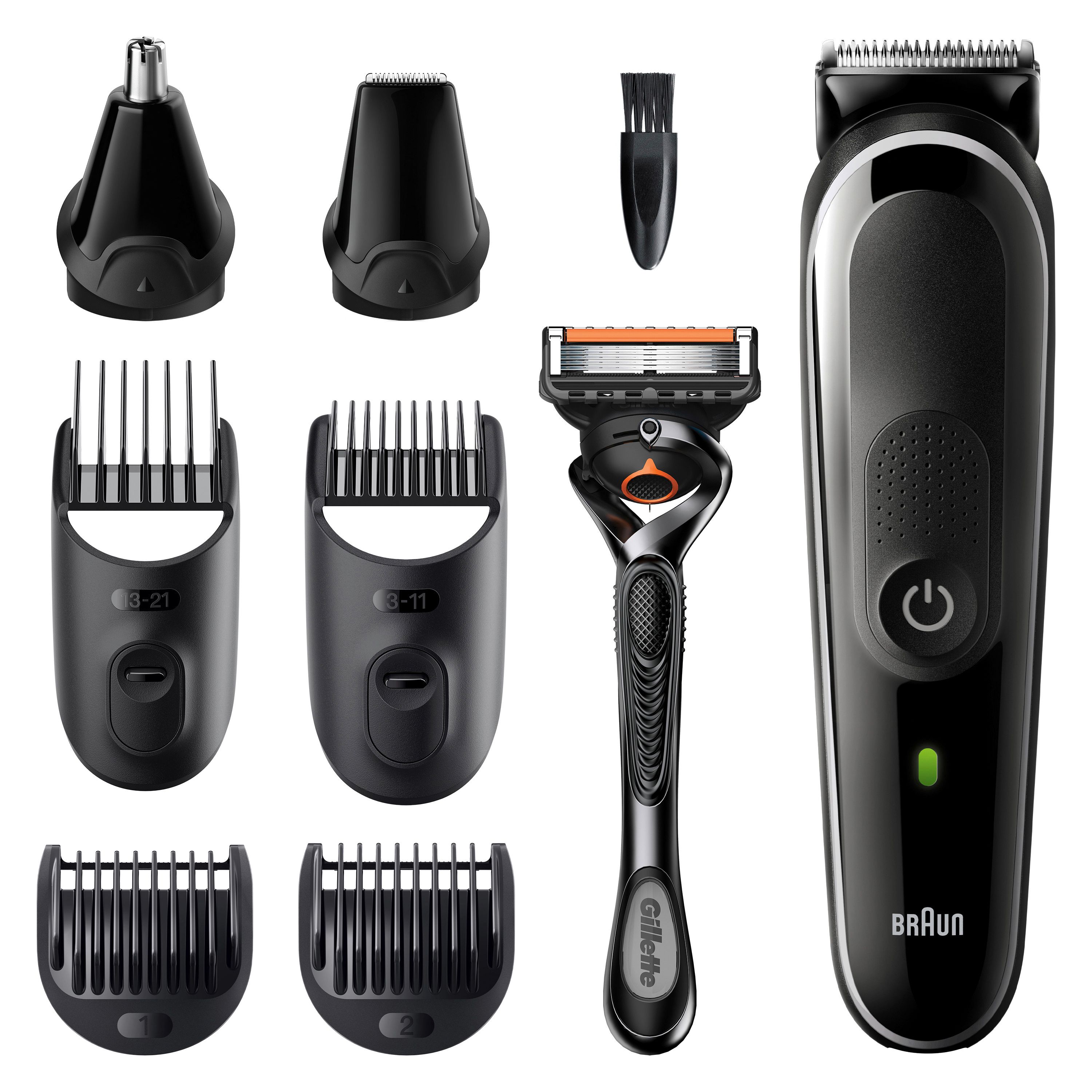Braun MultiGroomingKit. Enthält Trimmer, Aufsätze, Rasierer und Reinigungsbürste. Schwarz. Verschiedene Aufsätze für Bart und Körper.