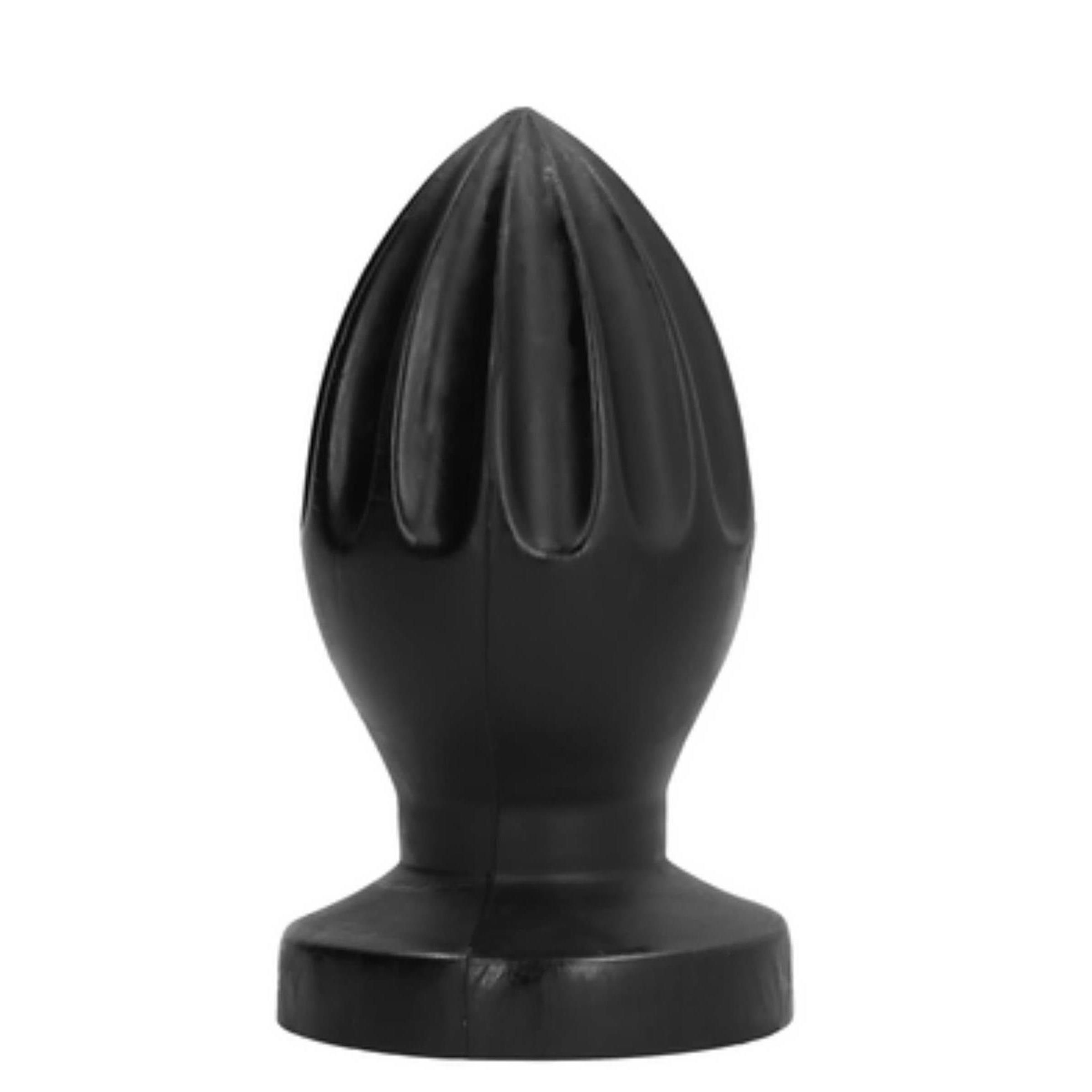 Schwarzer Analplug mit geriffelter Spitze und glatter Basis. Vertikale Rillen. Glatte Oberfläche.