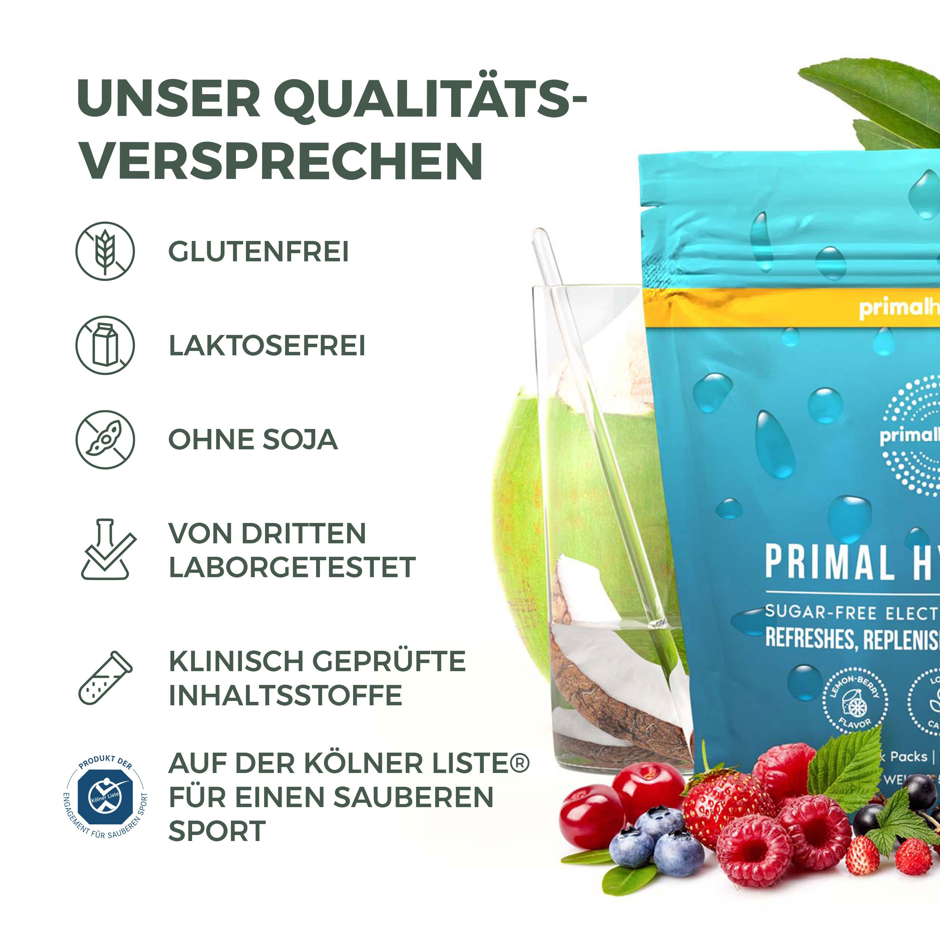 Primal Hydration Elektrolyte-Drink-Mix Verpackung mit Qualitätsversprechen. Icons für glutenfrei, laktosefrei, ohne Soja.