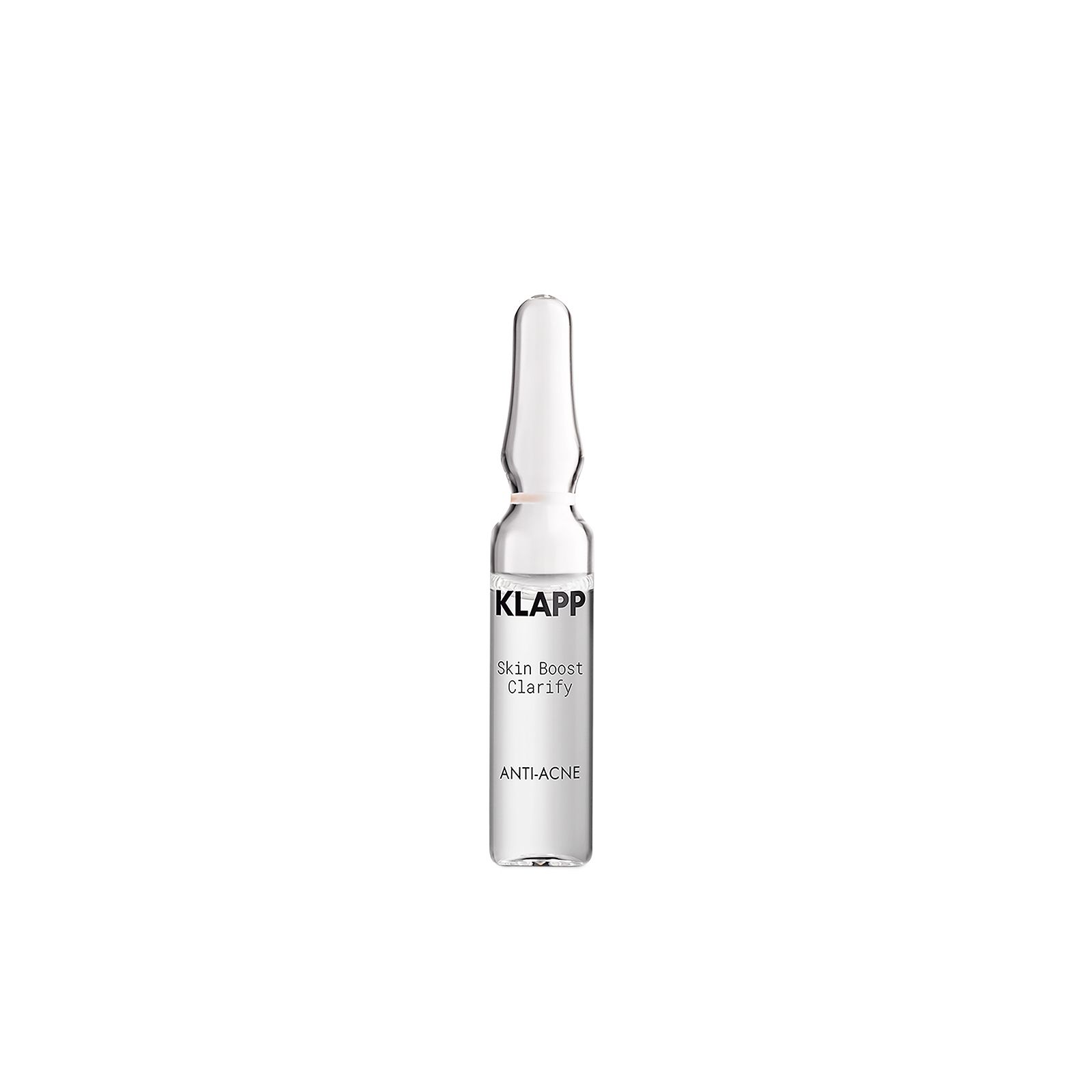 Klare Glasampulle mit Produkttext: Skin Boost Clarify Anti-Acne. Weißer Produktname, schwarzer Text.