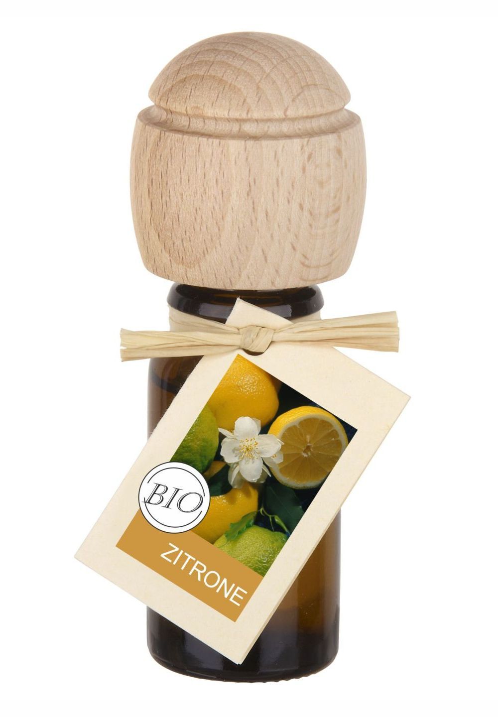 Braune Glasflasche mit Holzverschluss und Etikett. Etikett mit Zitronen-Abbildung und "BIO"-Siegel.