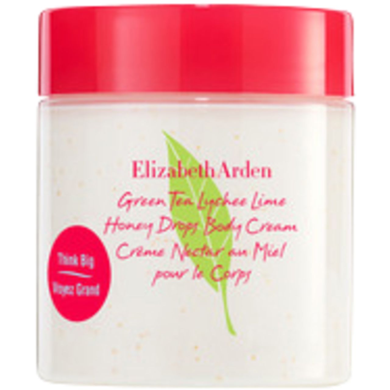 Cremebehälter mit rotem Deckel. Aufschrift: Elizabeth Arden, Green Tea Lychee Lime, Honey Drops Body Cream. Runder Aufkleber: Think Big.