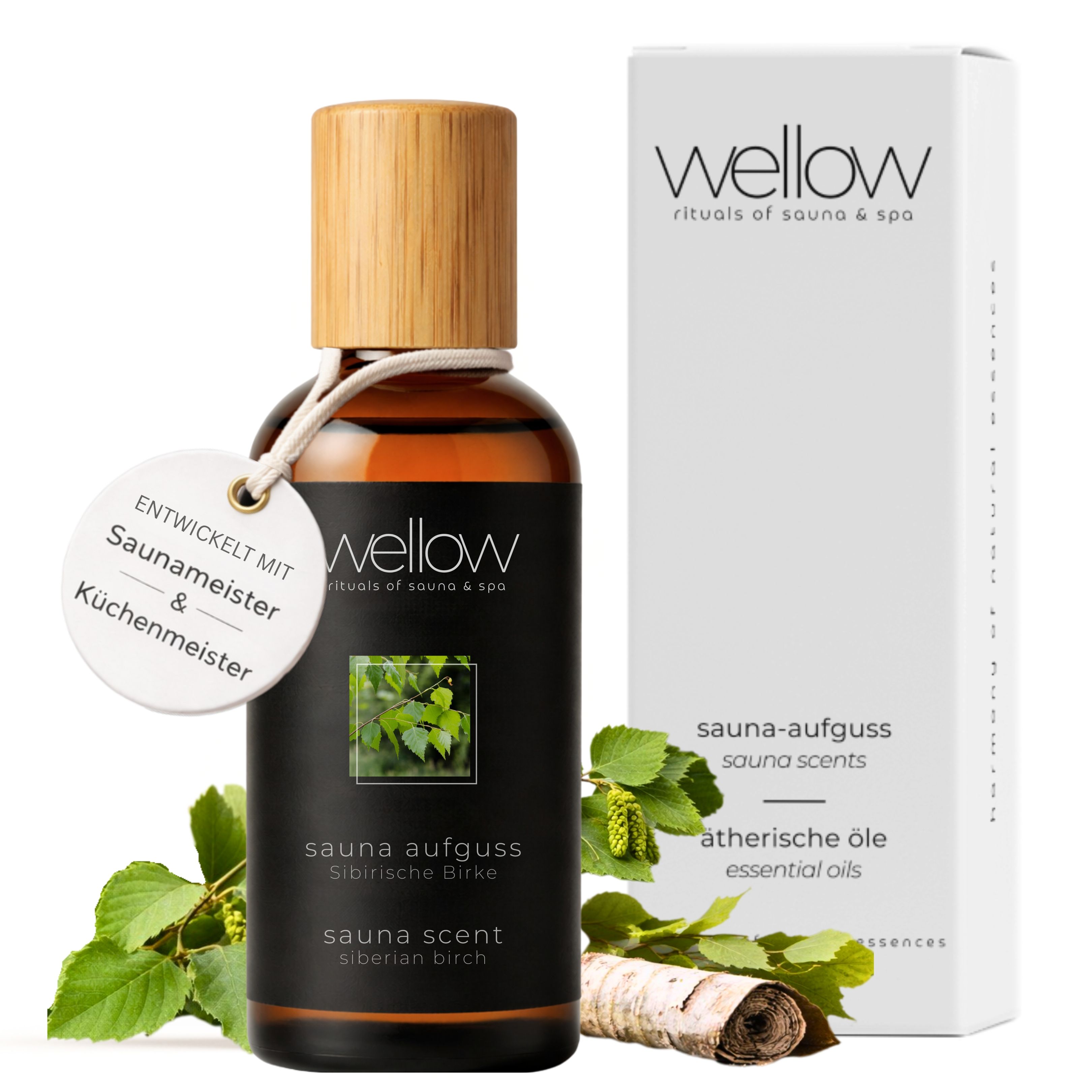 Braune Glasflasche mit Holzverschluss, Etikett. Weiße Verpackung mit Logo. Birkenzweig und Birkenrinde.