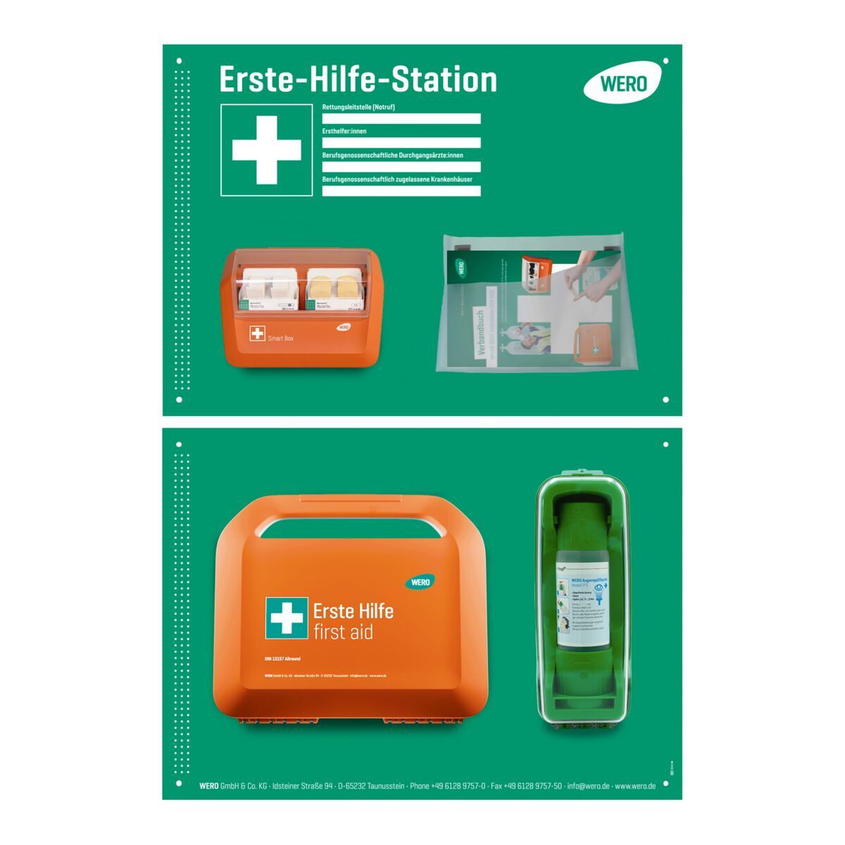 Erste-Hilfe-Station Pro Komplett-Set. Orangefarbene Box mit weißem Kreuz. WERO-Logo. Erste Hilfe-Boxen und Zubehör.