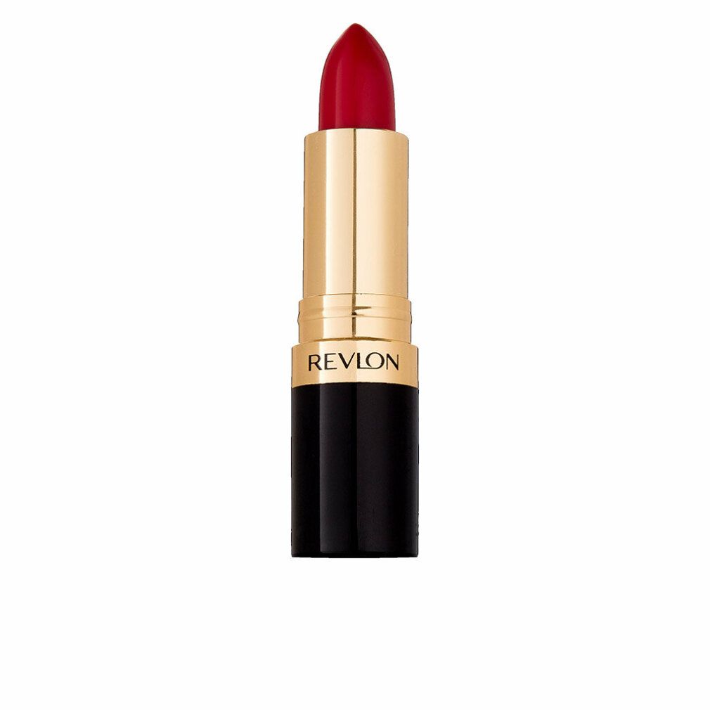 Roter Lippenstift in gold-schwarzem Gehäuse. Marke Revlon sichtbar.