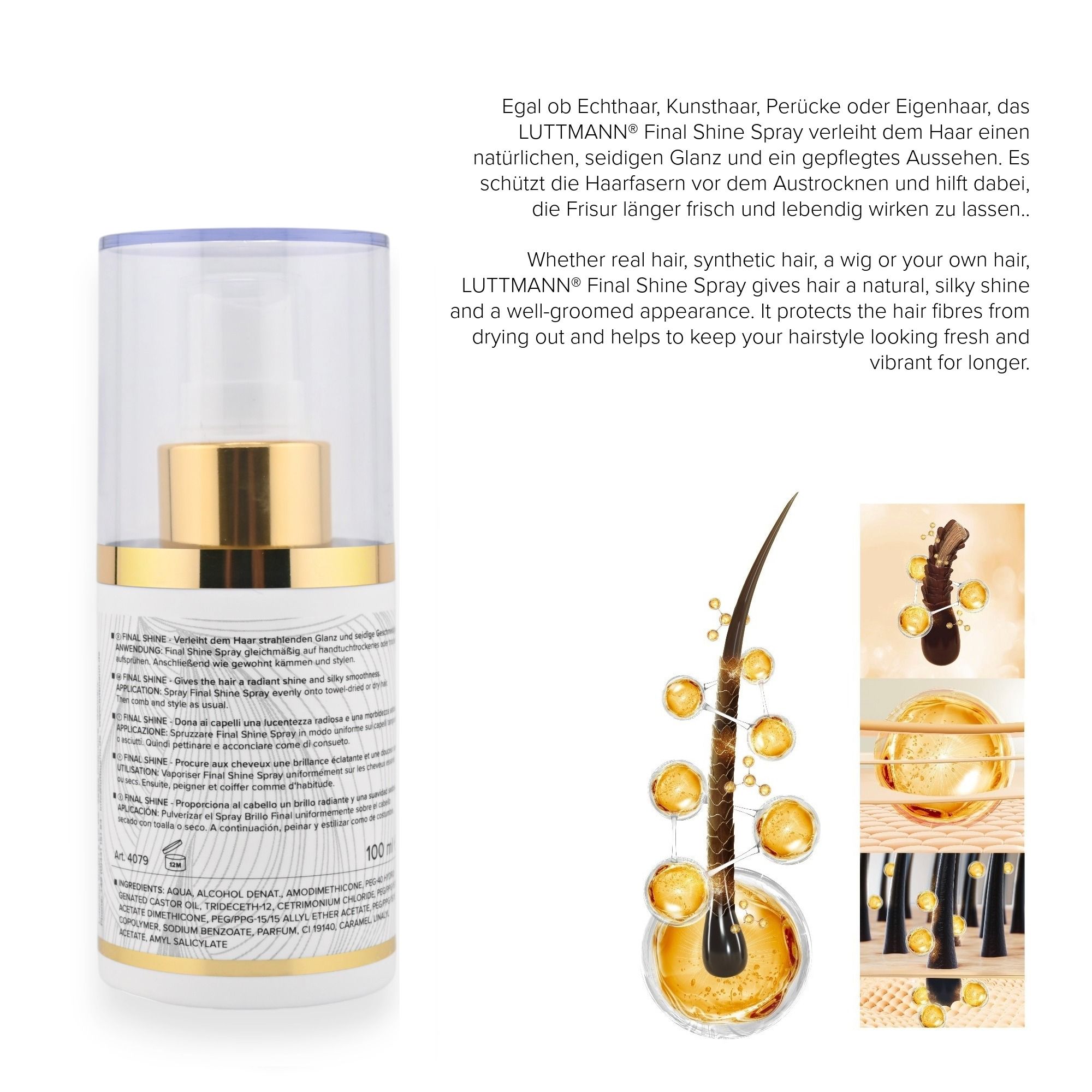 Haarspitzenfluid-Flasche mit Text und Illustrationen. Text: Final Shine Spray, 100 ml.