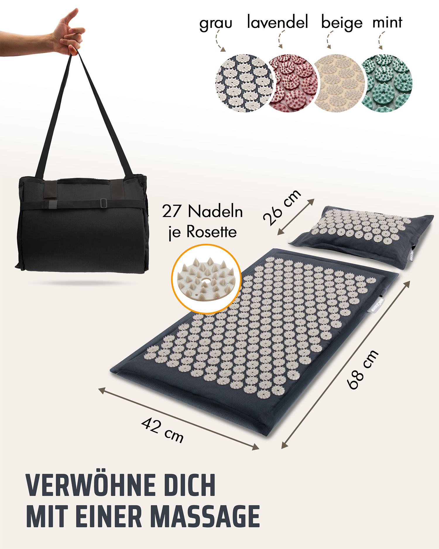 Akupressurmatte mit Kissen und Tragetasche. Maße: 42x68x26 cm. Verschiedene Farben der Matte werden gezeigt. Text: Verwöhne dich mit einer Massage.