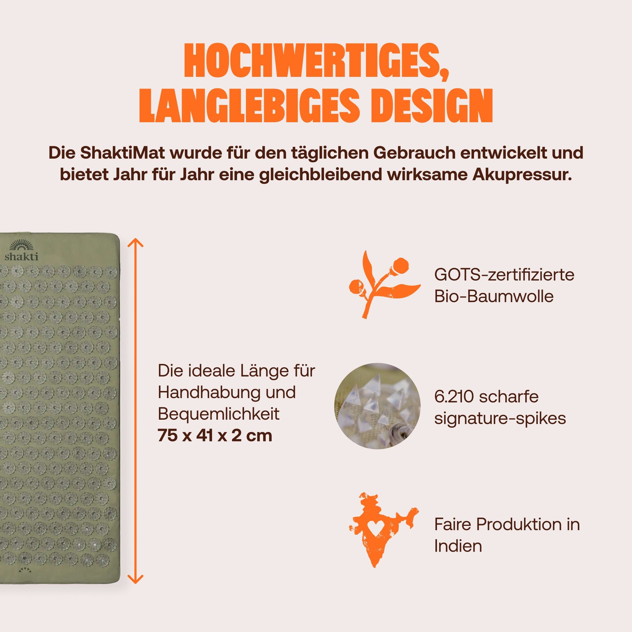 Grüne Akupressurmatte (75x41 cm) mit 6.210 Spitzen, GOTS-zertifizierte Bio-Baumwolle, faire Produktion in Indien.